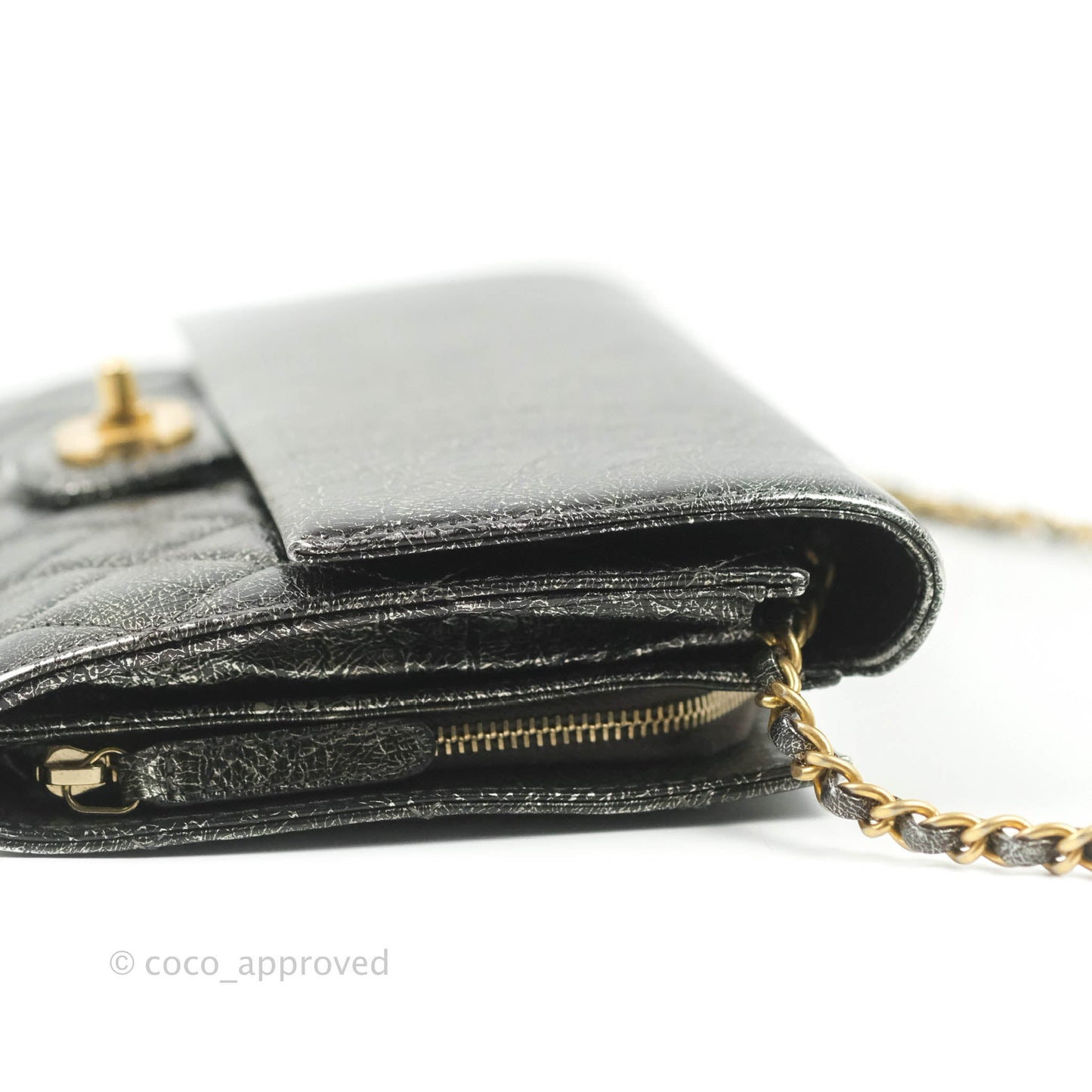 Chanel Cracked Metallic Calfskin Quilted Zip Away Chain Clutch Dark Silver Aged Gold Hardware