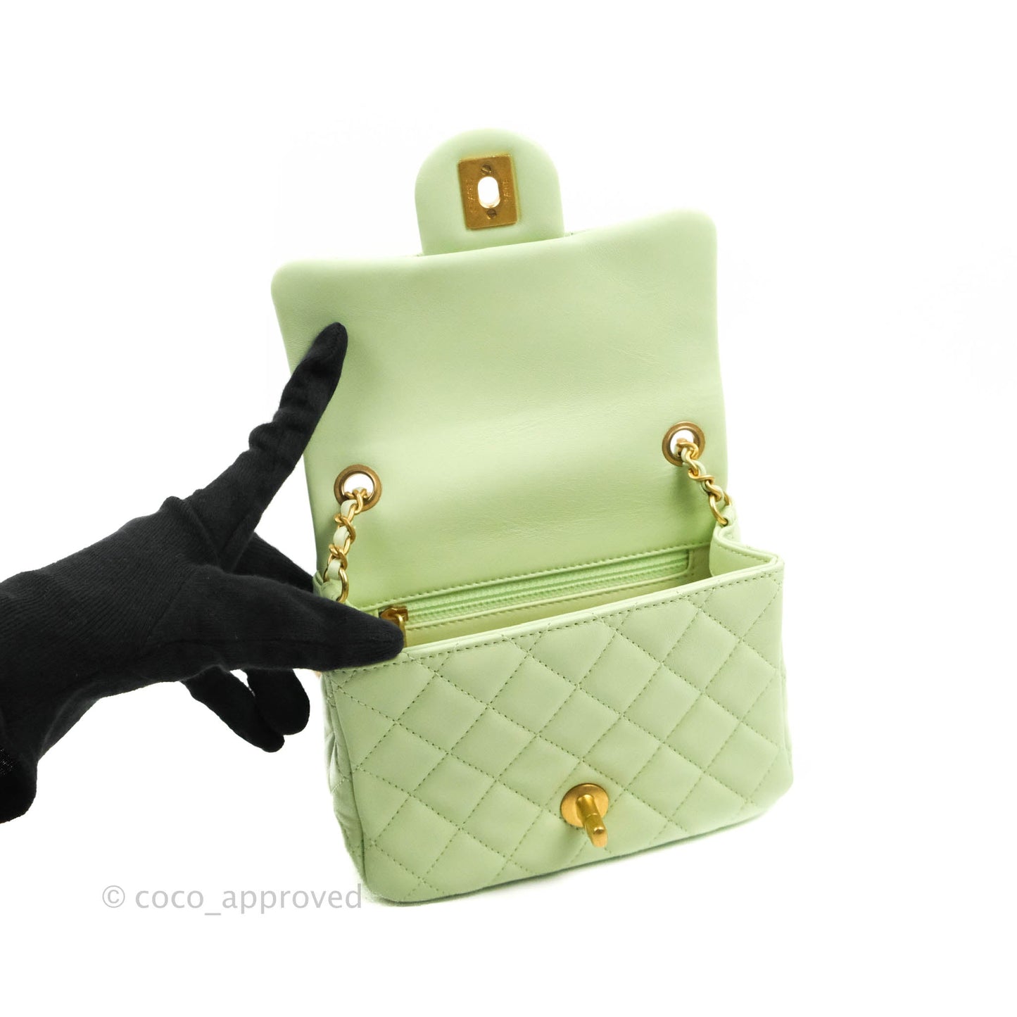 Chanel Mini Square Pearl Crush Quilted Avocado Green Lambskin Aged Gold Hardware