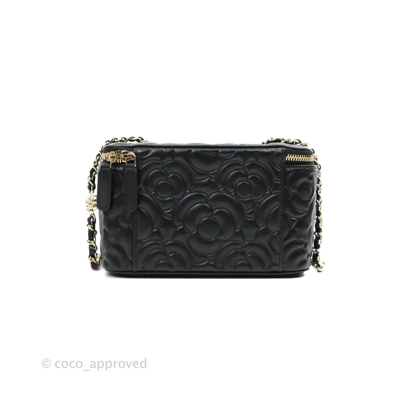Chanel Vanity Rectangular Camellia Embossed Black Lambskin Gold Hardware