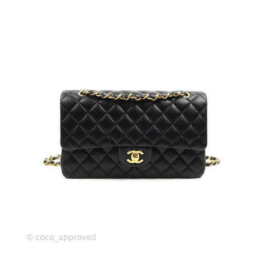 Chanel Classic M/L Medium Double Flap Black Lambskin Gold Hardware