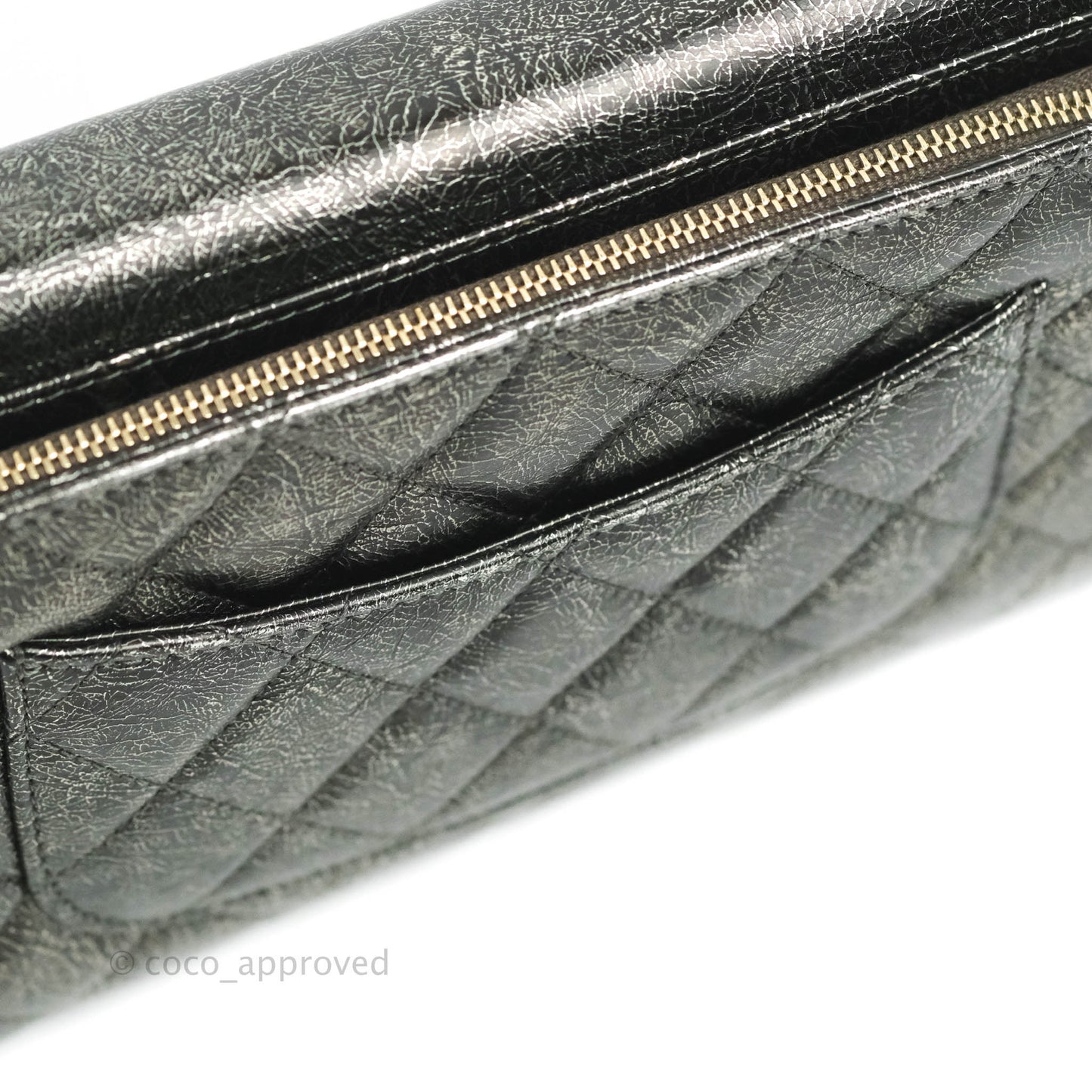 Chanel Cracked Metallic Calfskin Quilted Zip Away Chain Clutch Dark Silver Aged Gold Hardware