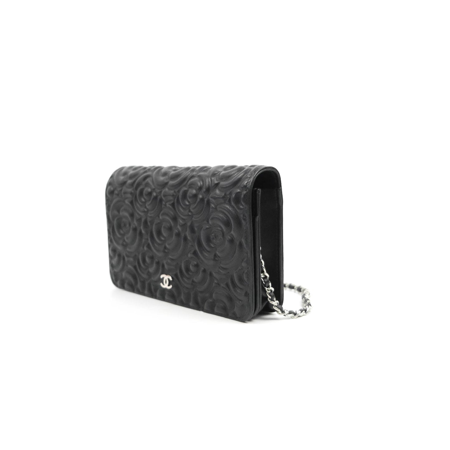 Chanel Camellia Wallet on Chain WOC Black Calfskin Silver Hardware