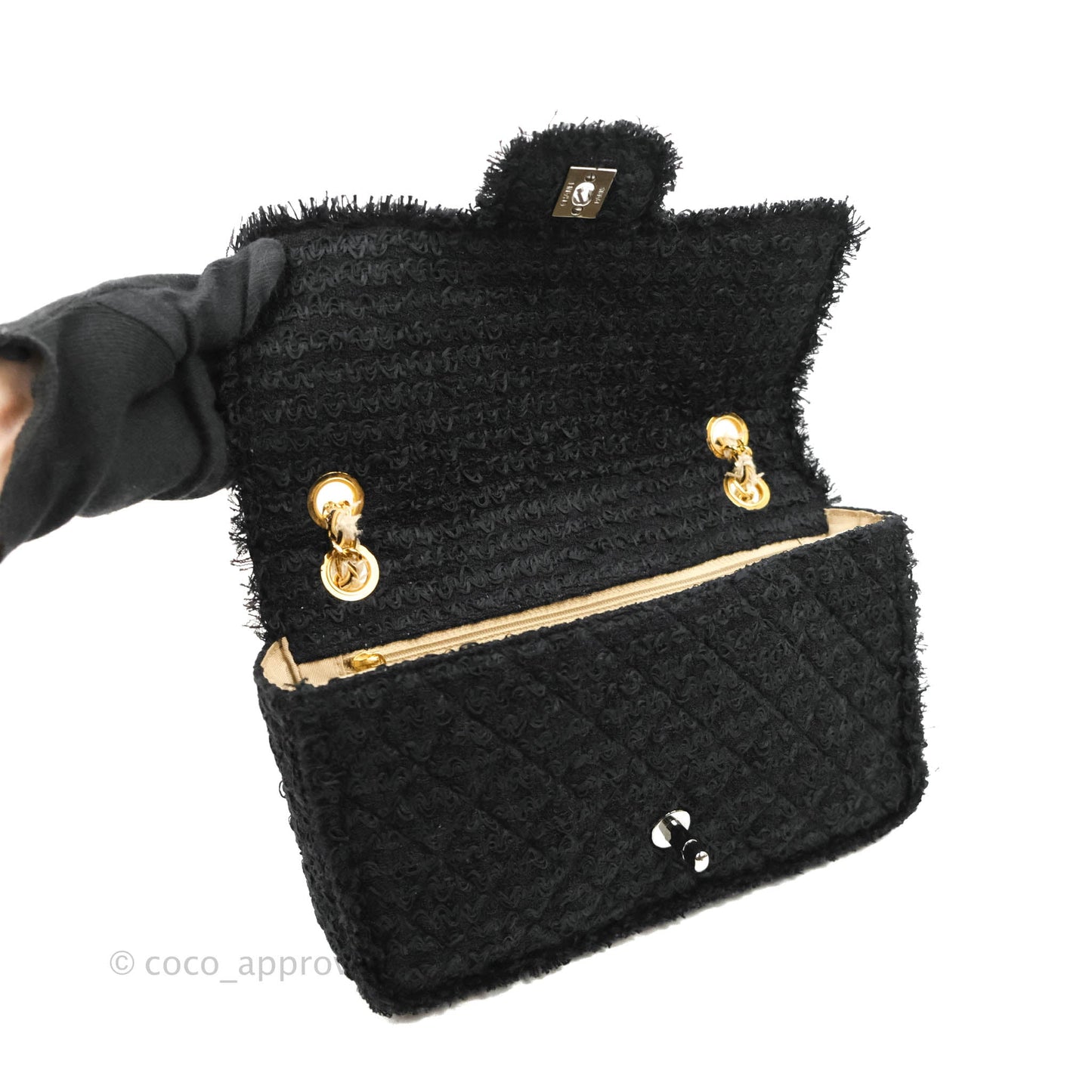 Chanel Medium Classic Double Flap Bag Black Tweed Gold & Gun Metal Hardware