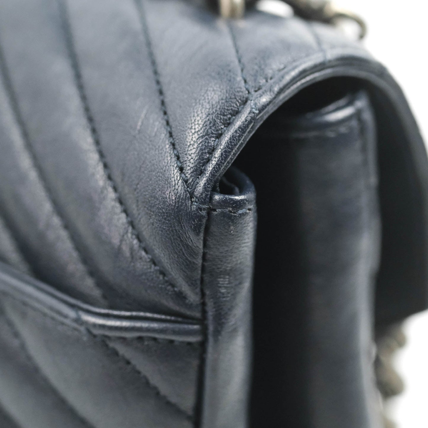 Saint Laurent Chevron Large College Navy Chain Bag Ruthenium Hardware