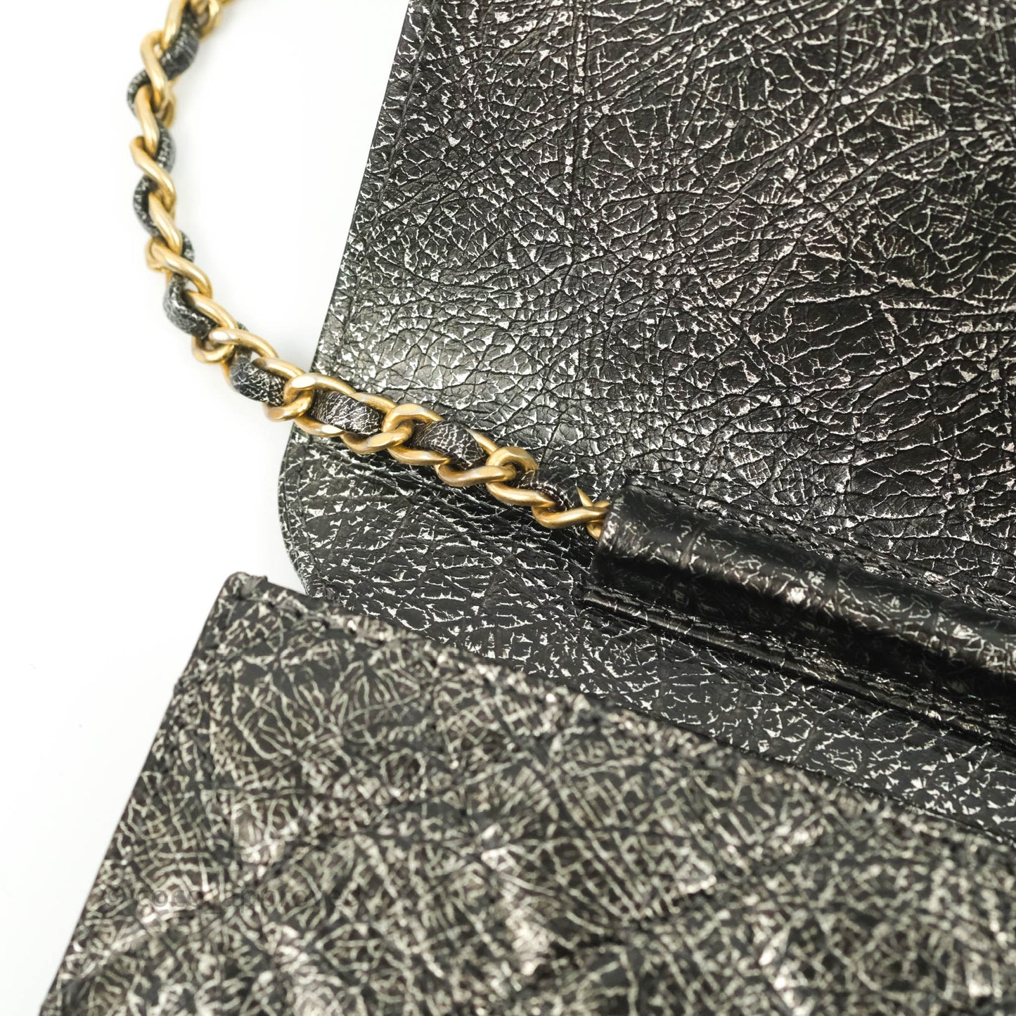 Chanel Cracked Metallic Calfskin Quilted Zip Away Chain Clutch Dark Silver Aged Gold Hardware