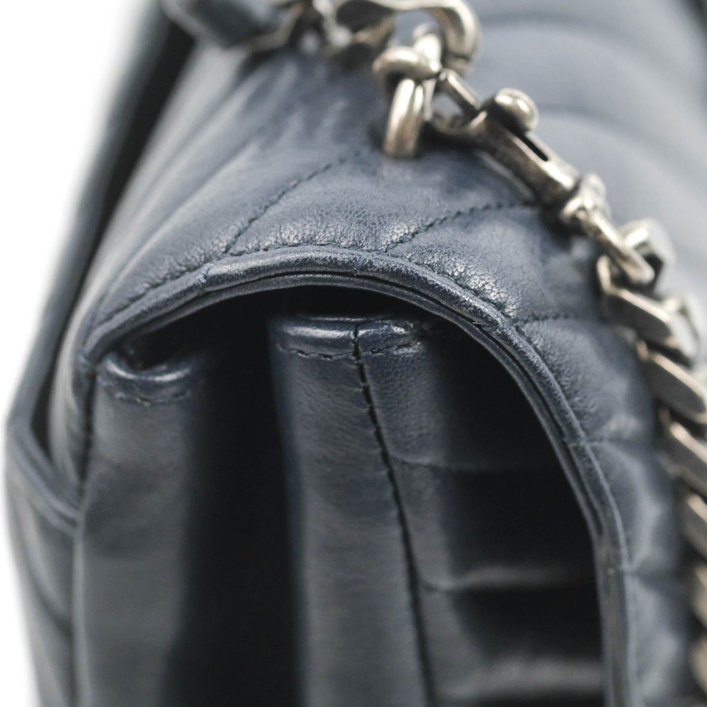 Saint Laurent Chevron Large College Navy Chain Bag Ruthenium Hardware