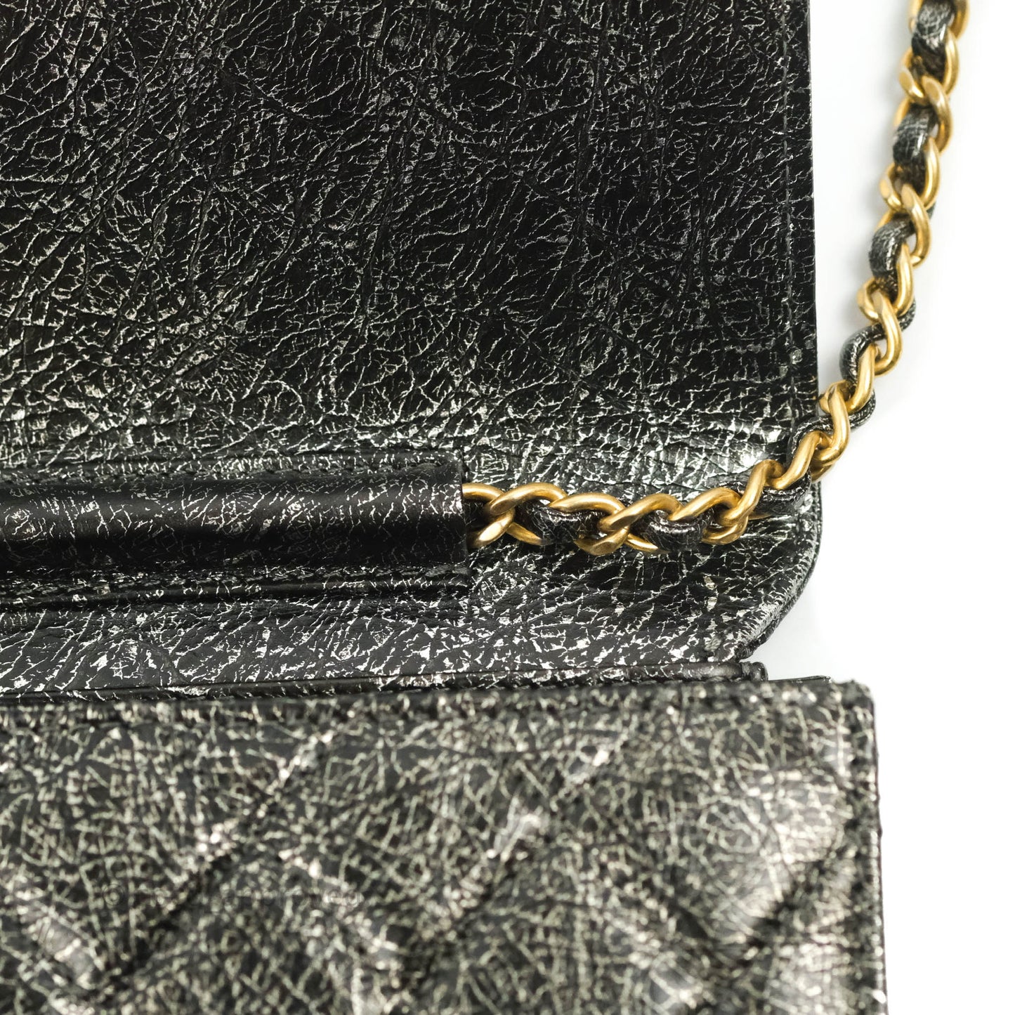 Chanel Cracked Metallic Calfskin Quilted Zip Away Chain Clutch Dark Silver Aged Gold Hardware