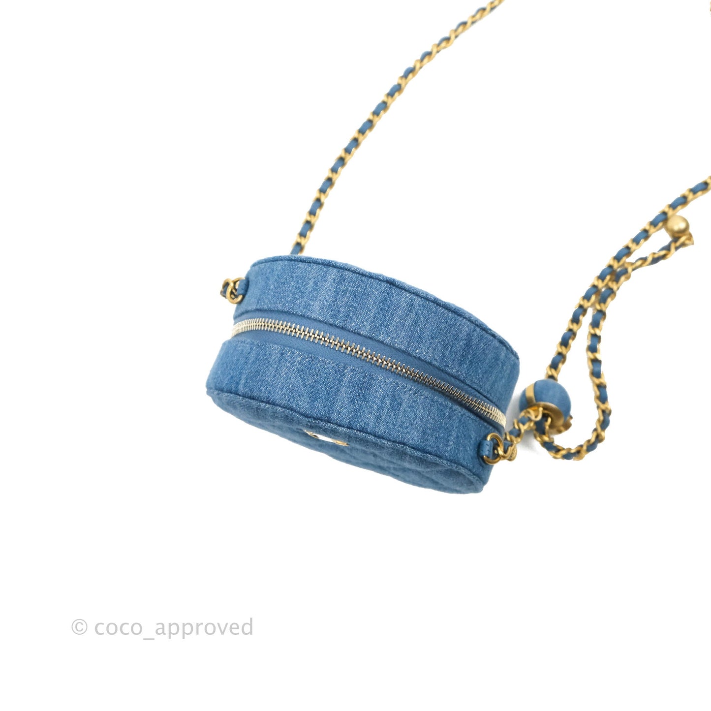 Chanel Quilted Pearl Crush Round Clutch With Chain Denim Aged Gold Hardware