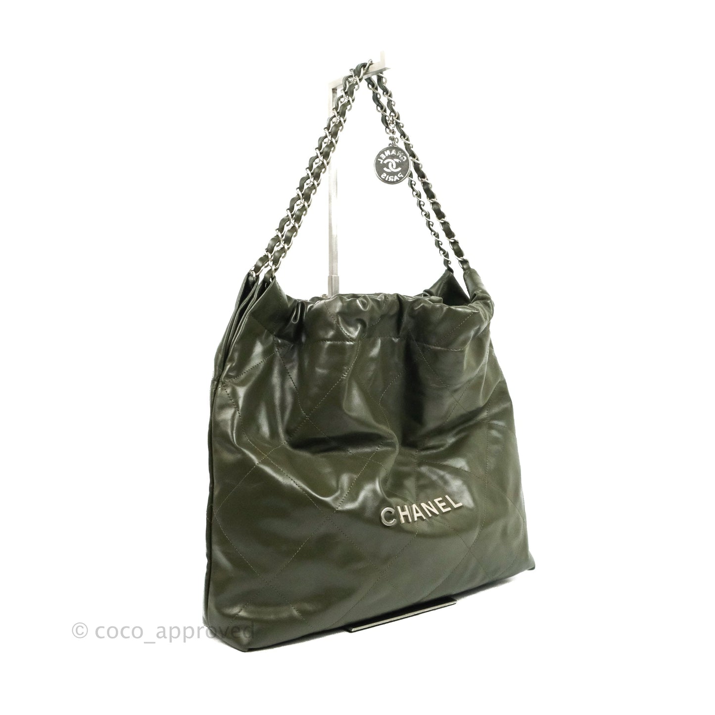 Chanel 22 Medium Army Green Shiny Calfskin Ruthenium Hardware