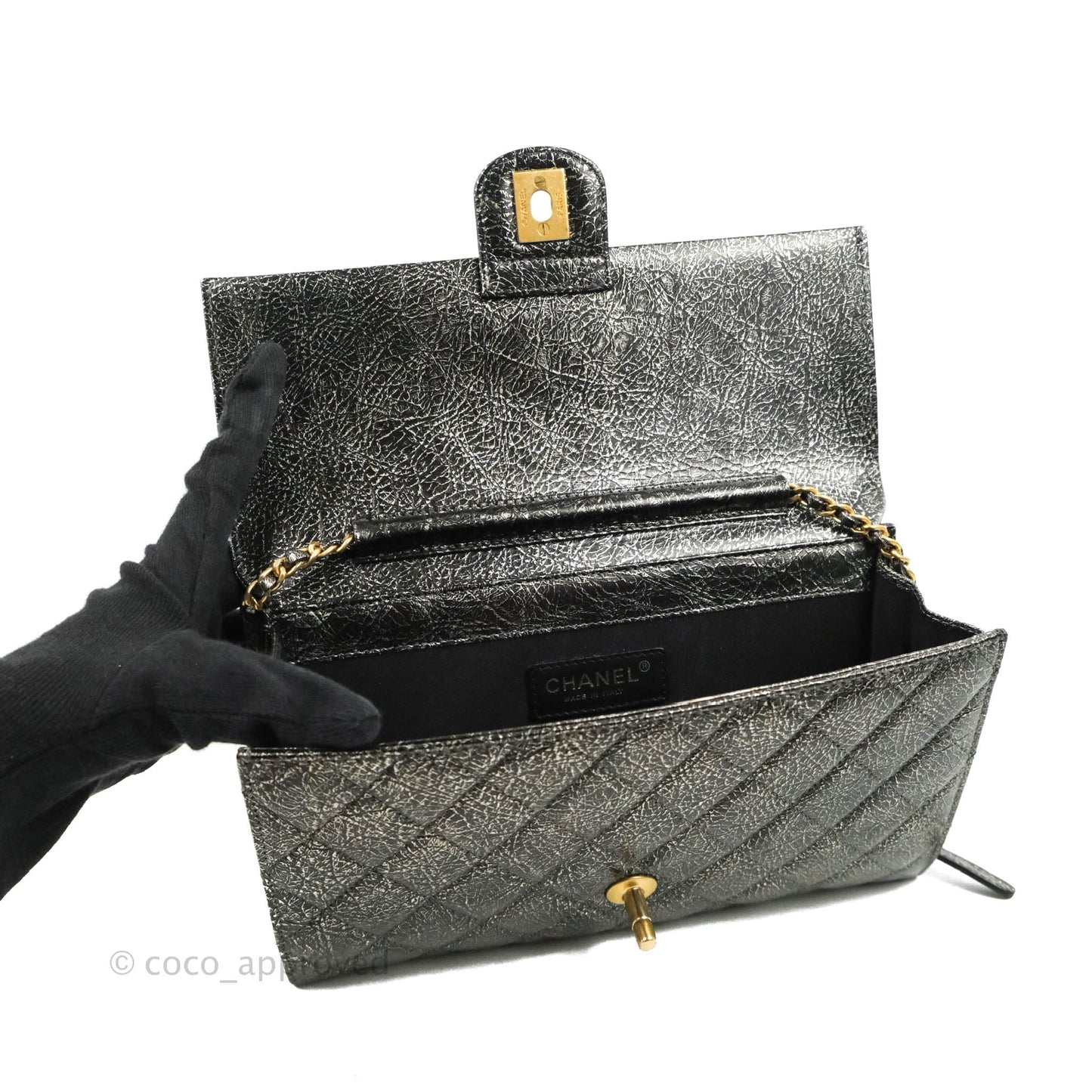 Chanel Cracked Metallic Calfskin Quilted Zip Away Chain Clutch Dark Silver Aged Gold Hardware