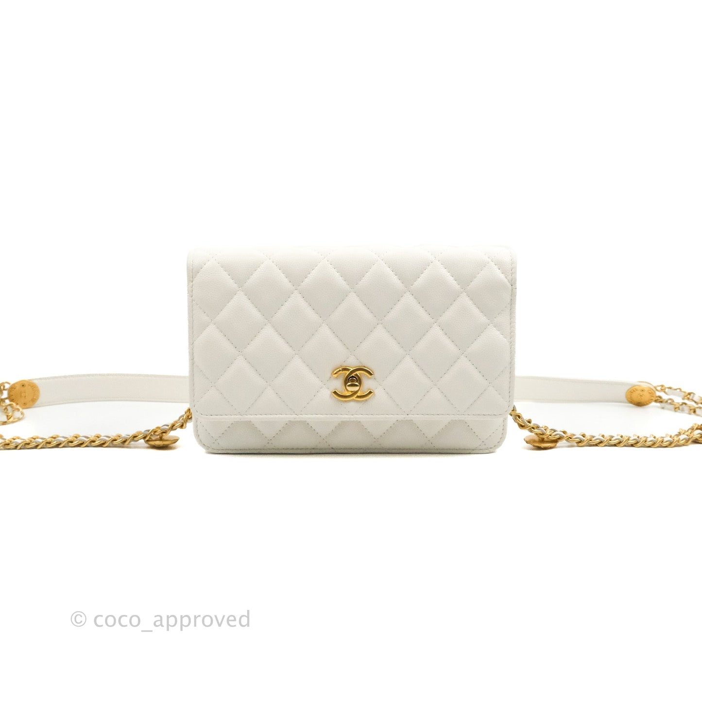 Chanel Quilted Gold CC Coin Wallet on Chain WOC White Caviar Gold Hardware