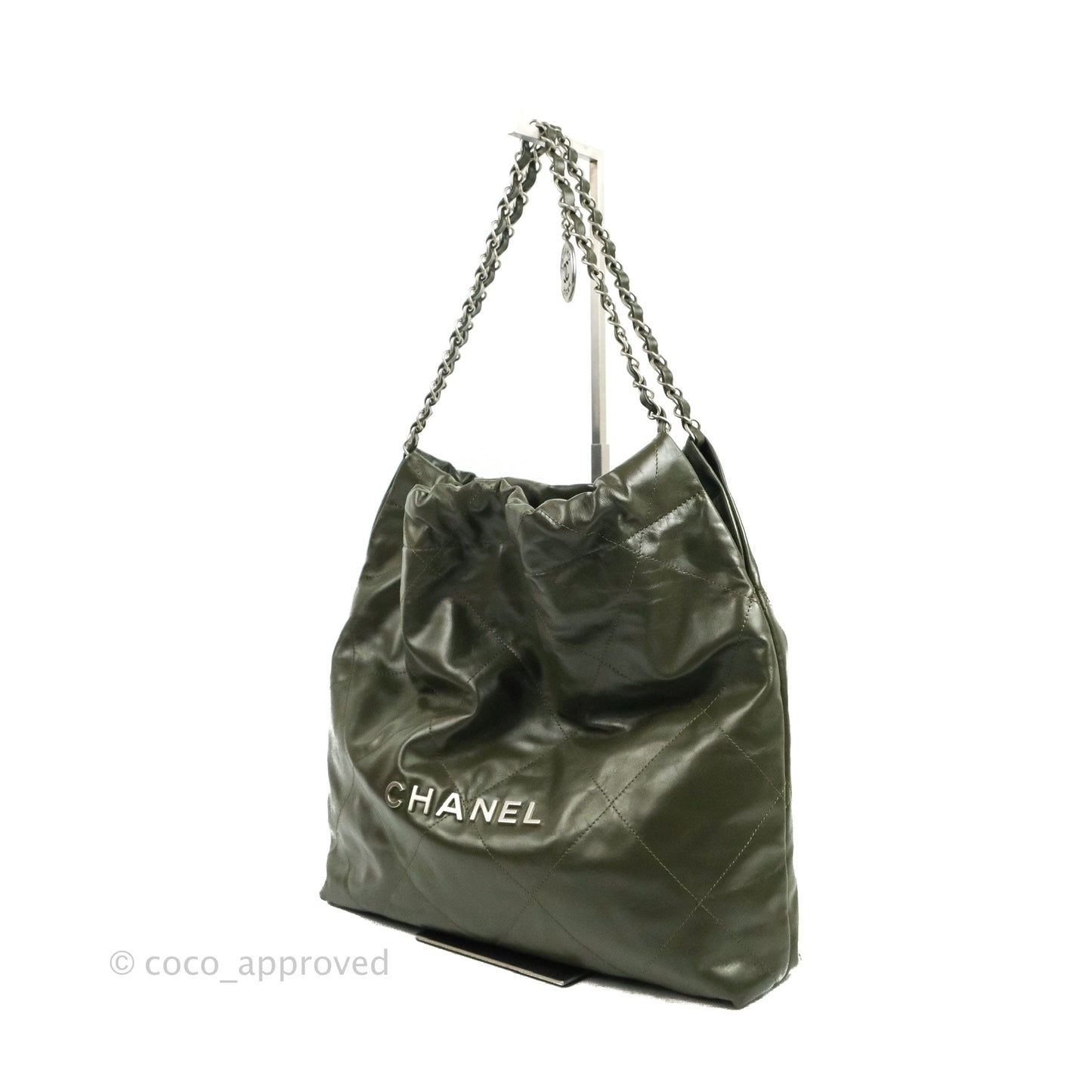 Chanel 22 Medium Army Green Shiny Calfskin Ruthenium Hardware