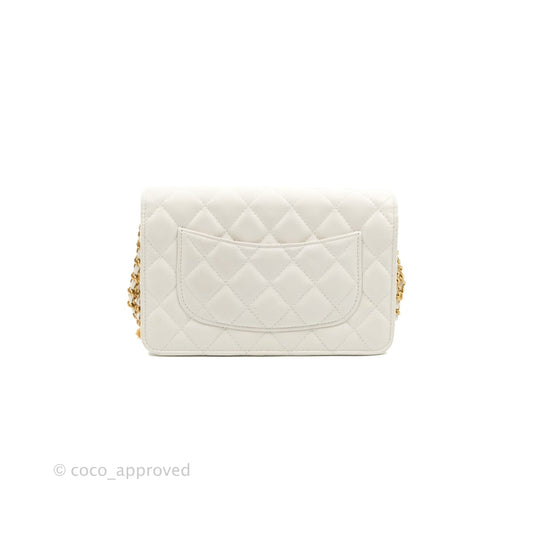 Chanel Quilted Gold CC Coin Wallet on Chain WOC White Caviar Gold Hardware
