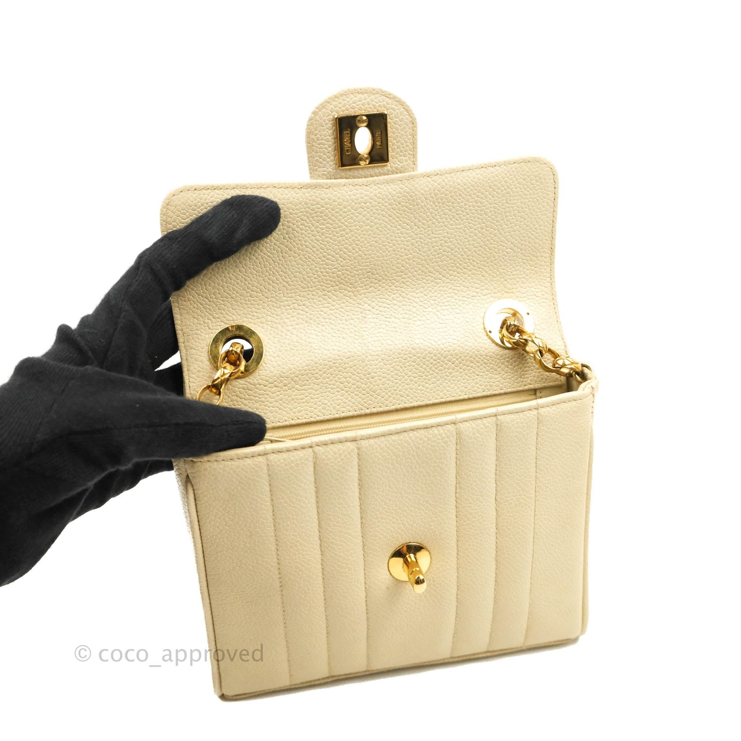 Chanel Vintage Vertical Mini Square Beige Caviar Gold Hardware