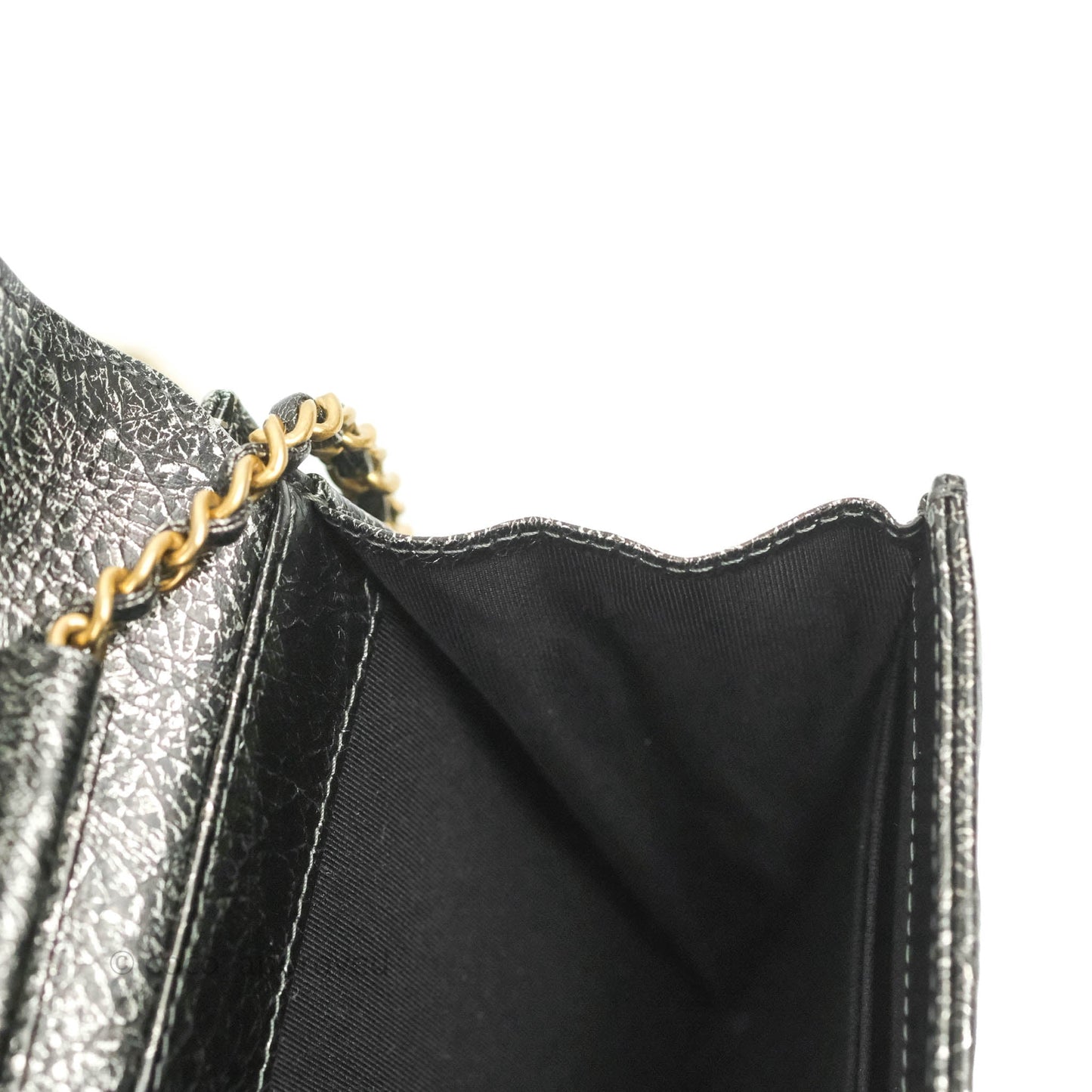Chanel Cracked Metallic Calfskin Quilted Zip Away Chain Clutch Dark Silver Aged Gold Hardware
