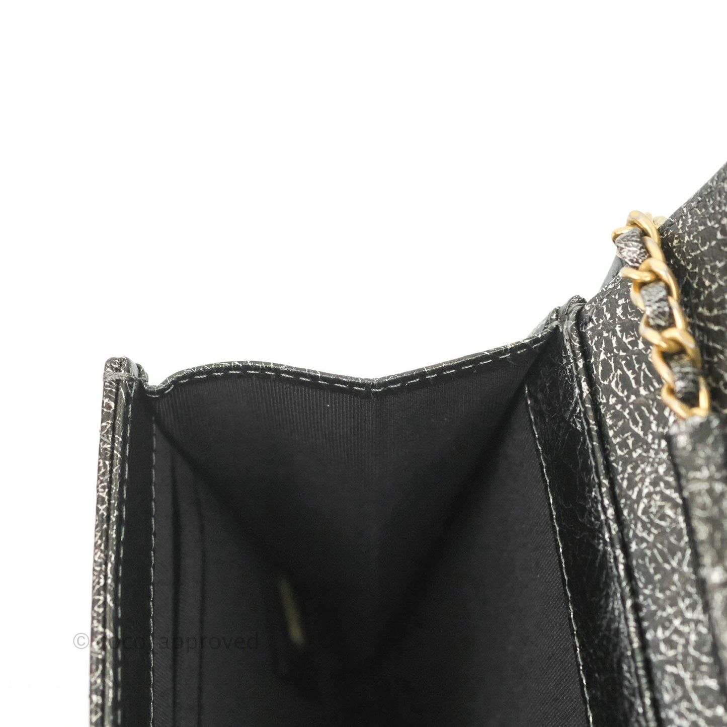 Chanel Cracked Metallic Calfskin Quilted Zip Away Chain Clutch Dark Silver Aged Gold Hardware
