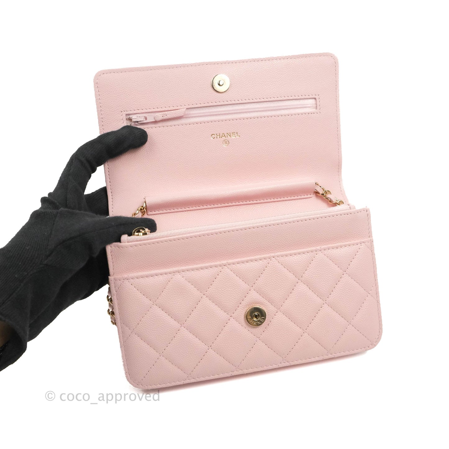 Chanel Quilted Wallet on Chain WOC Crystal Braided CC Light Pink Caviar Gold Hardware