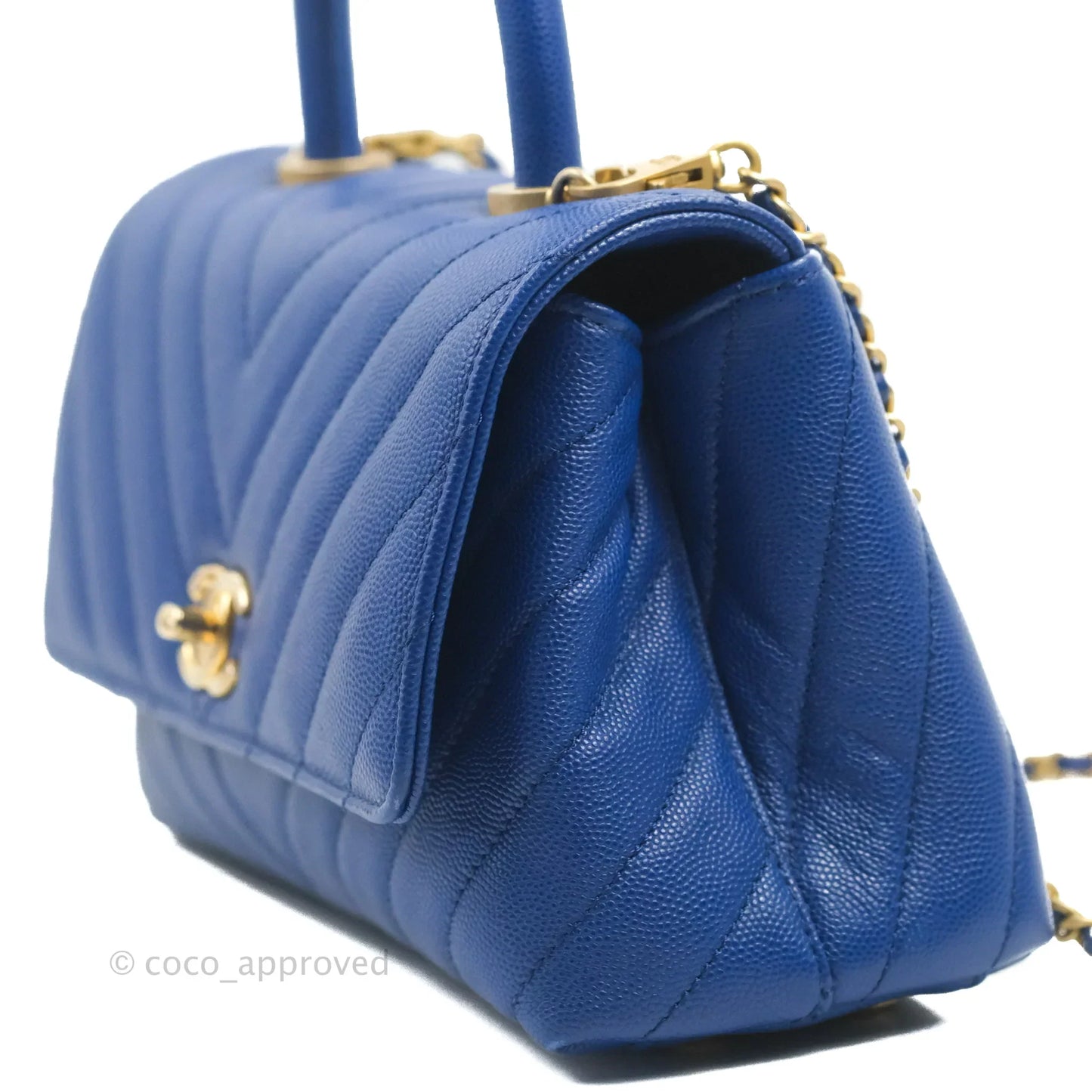 Chanel Small Coco Handle Chevron Blue Caviar Aged Gold Hardware