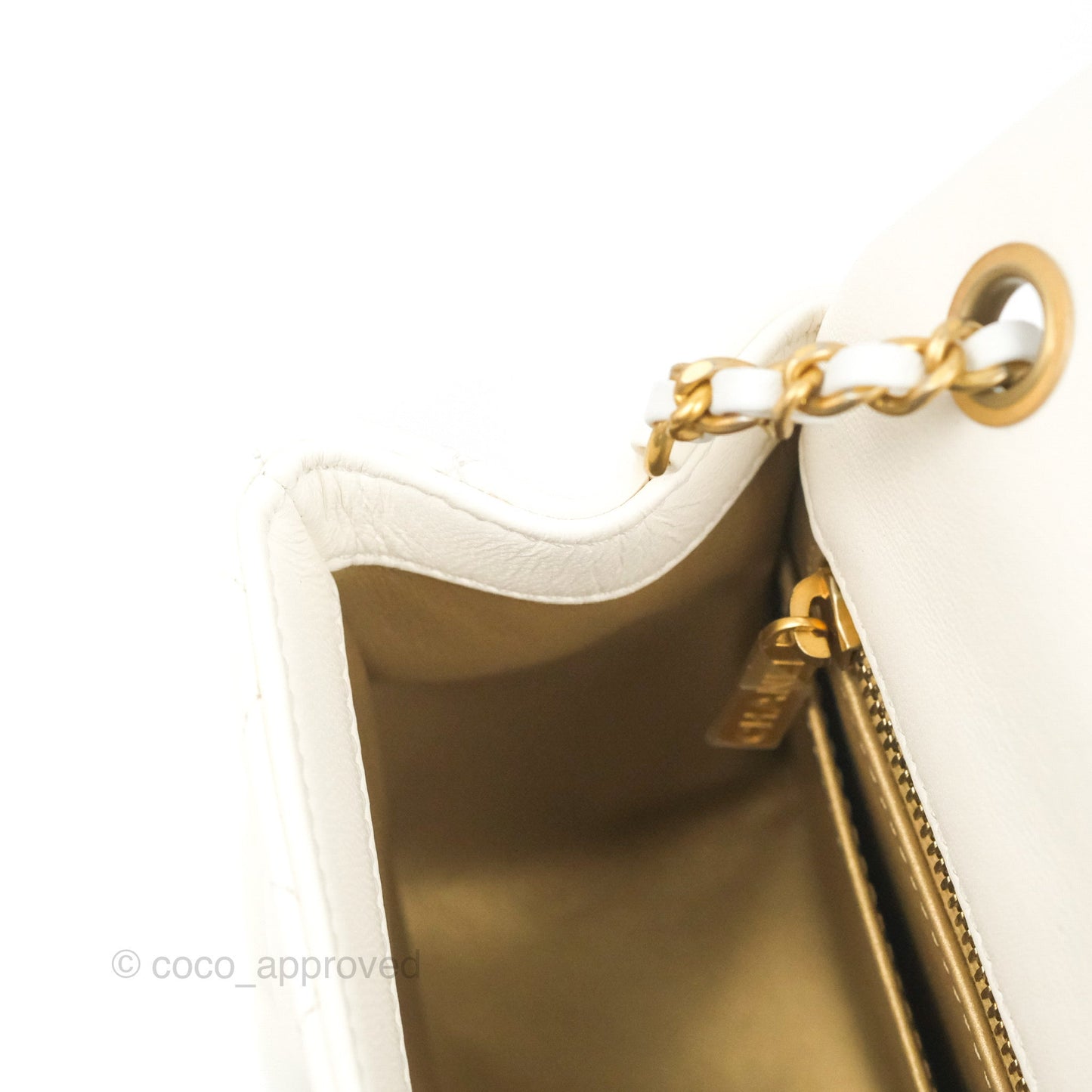 Chanel Mini Square Pearl Crush Quilted White Lambskin Aged Gold Hardware