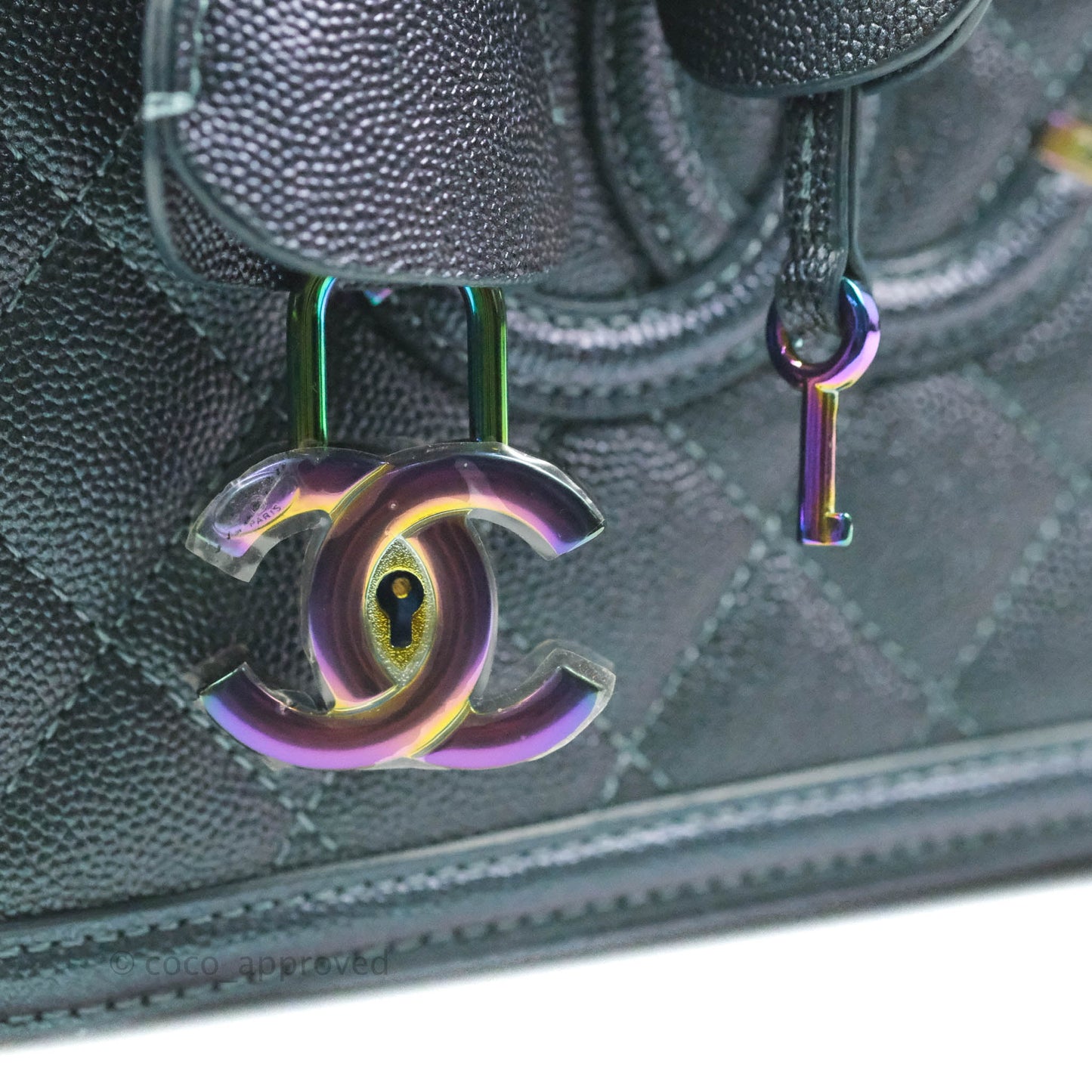 Chanel Quilted Medium CC Filigree Vanity Case Iridescent Dark Turquoise Caviar Rainbow Hardware