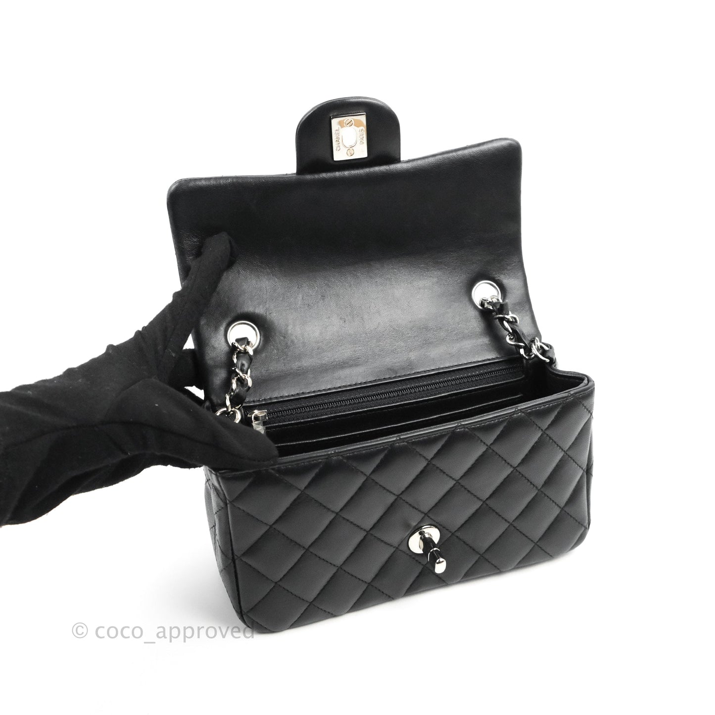 Chanel Quilted Mini Rectangular Flap Black Lambskin Silver Hardware
