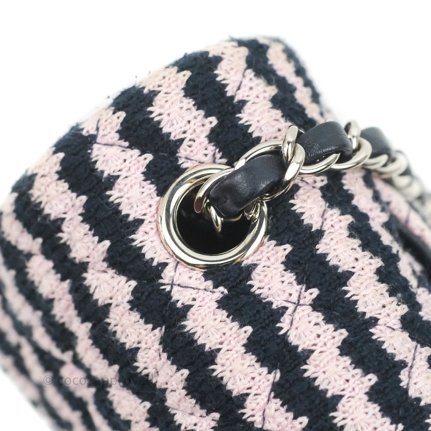 Chanel Mini Rectangular Flap Bag Navy Pink Striped Tweed Silver Hardware