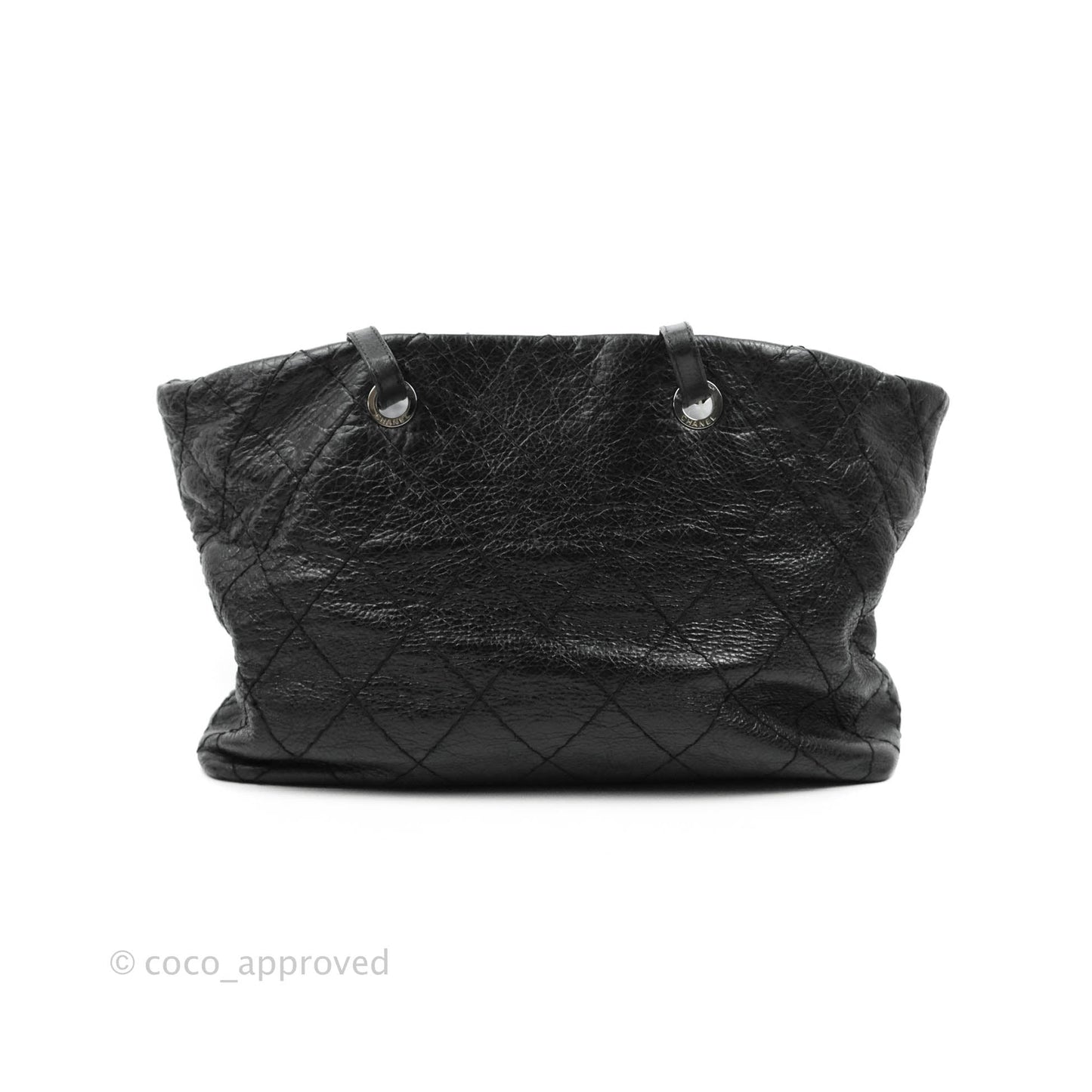 Chanel CC Flat Quilted Crumpled Calfskin Tote Bag Black Silver Hardware