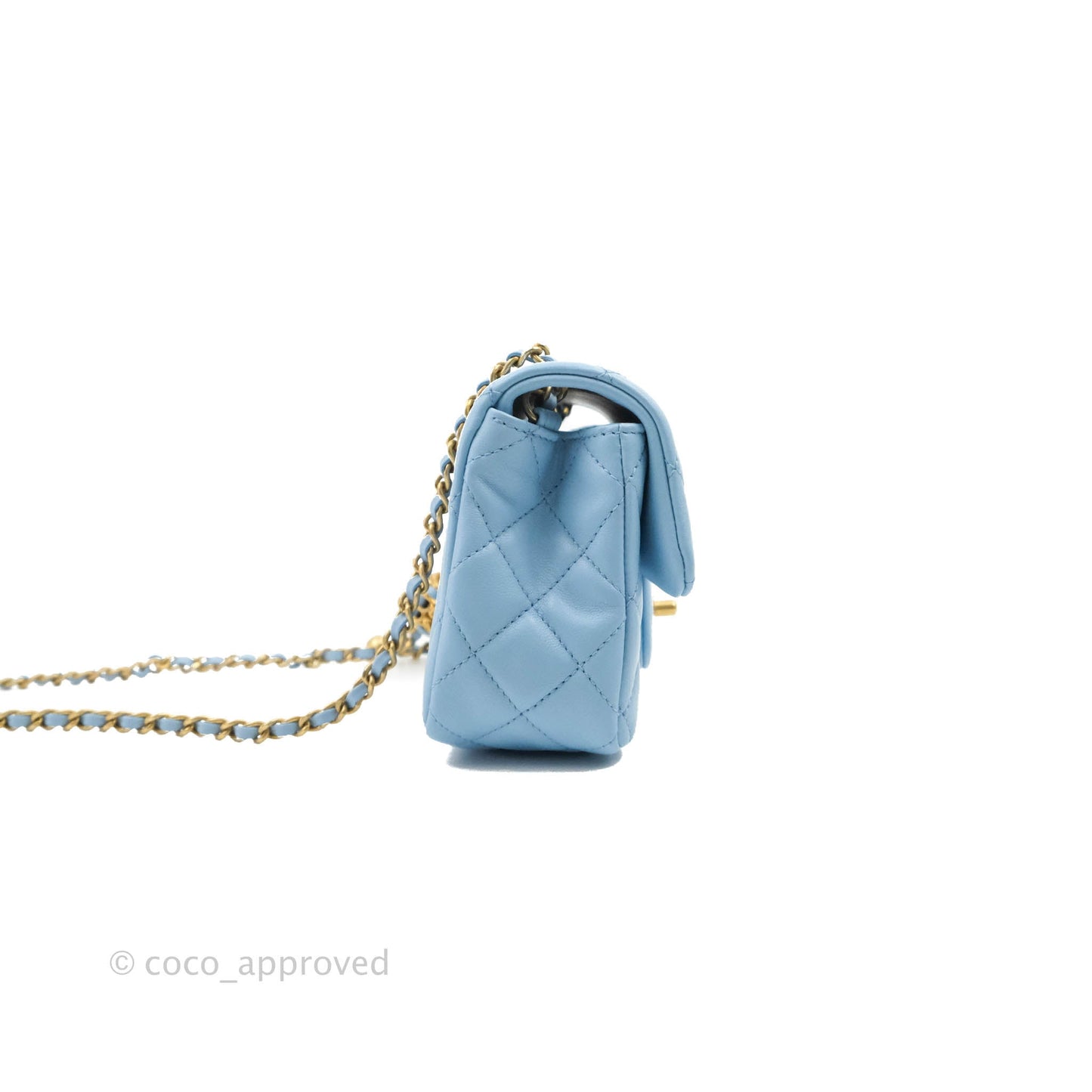 Chanel Mini Rectangular Pearl Crush Quilted Blue Lambskin Aged Gold Hardware