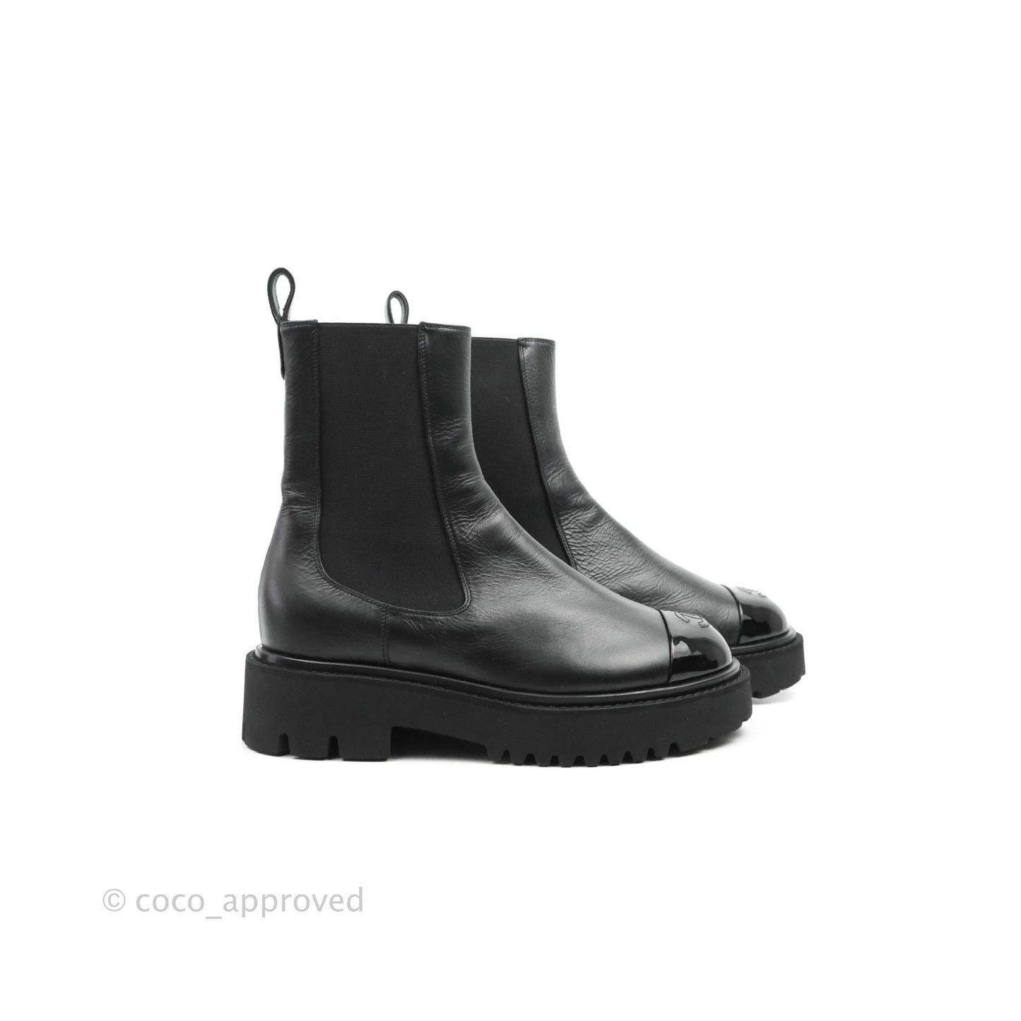 Chanel CC Black Crumpled Calfskin & Patent Ankle Boots Size 37.5
