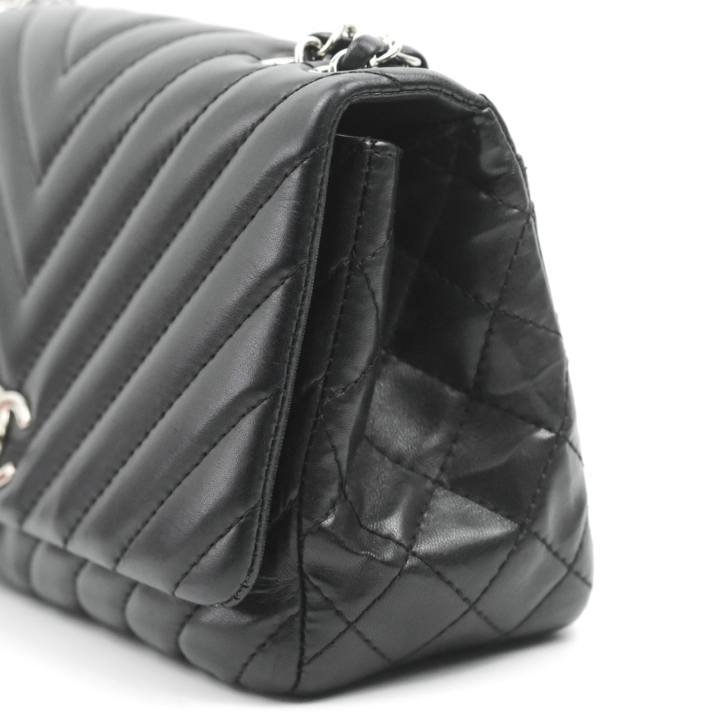 Chanel Surpique Chevron Medium Flap Black Silver Hardware