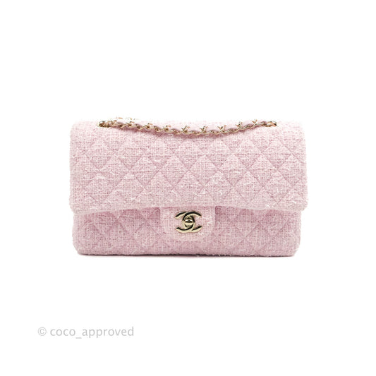 Chanel Classic M/L Medium Quilted Double Flap Bag Pink Tweed Gold Hardware