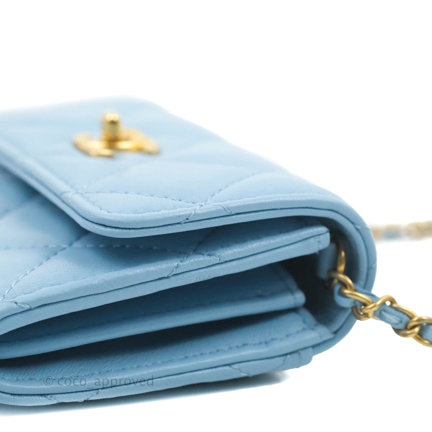 Chanel Pearl Crush Mini Clutch With Chain Blue Lambskin Aged Gold Hardware