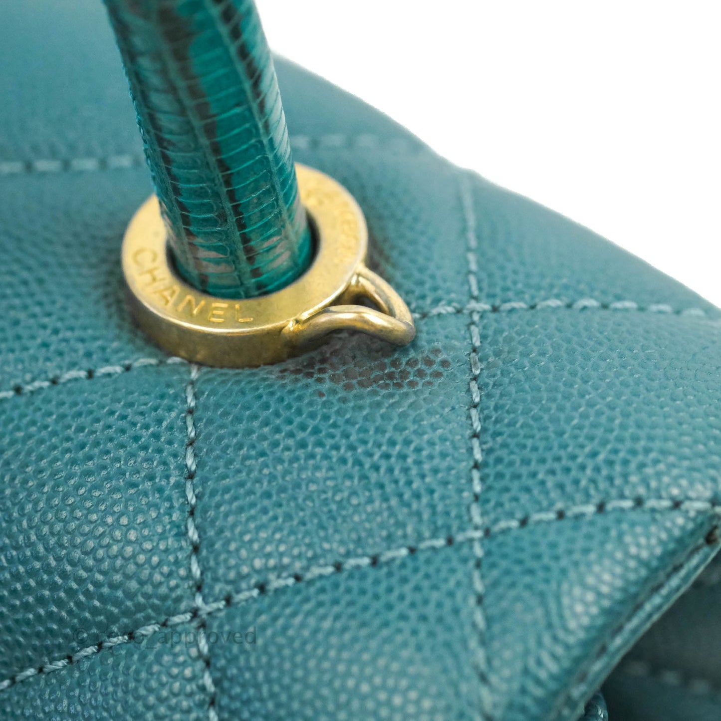 Chanel Medium Coco Handle Quilted Teal Caviar Lizard Handle Aged Gold Hardware