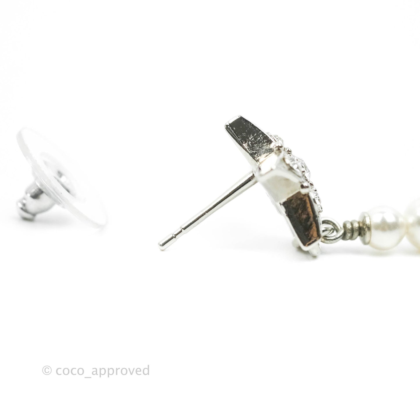 Chanel Crystal Pearl CC Star Drop Earrings Silver 20P