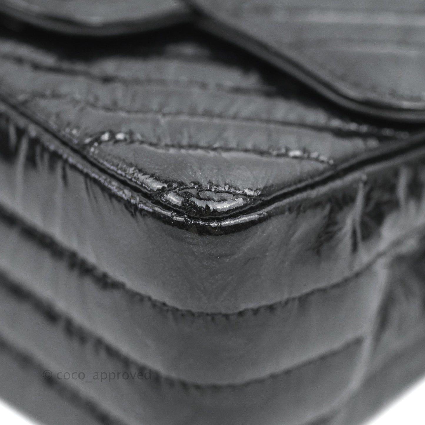 Chanel Mini Square Chevron Flap Black Crumpled Metallic Patent So Black