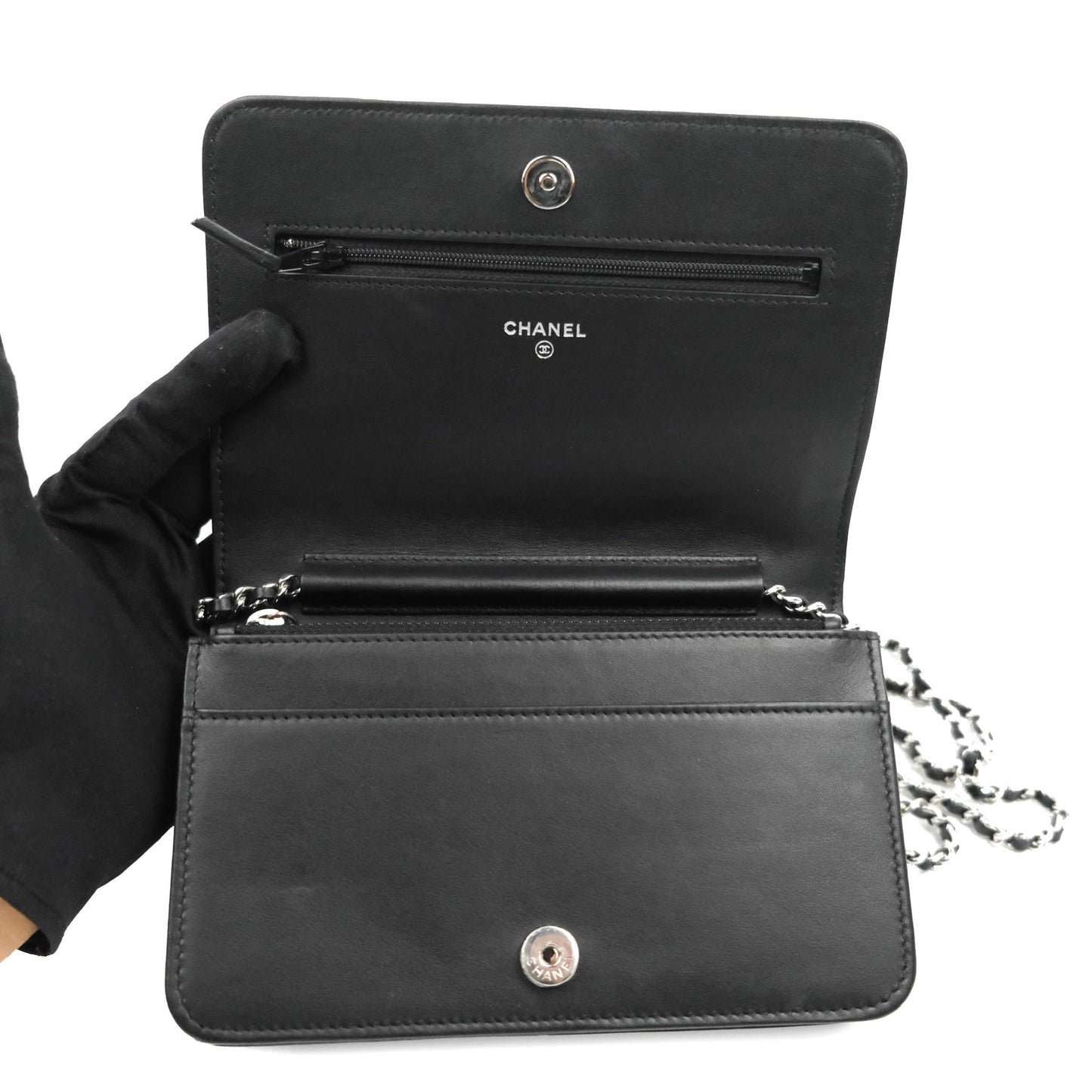 Chanel Camellia Wallet on Chain WOC Black Calfskin Silver Hardware