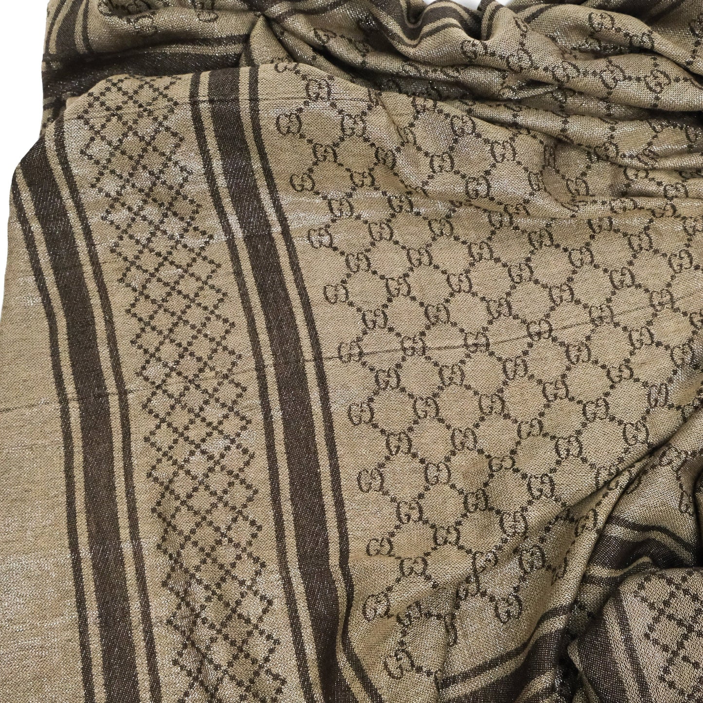 Gucci Wool Silk Monogram Fringe Scarf Brown