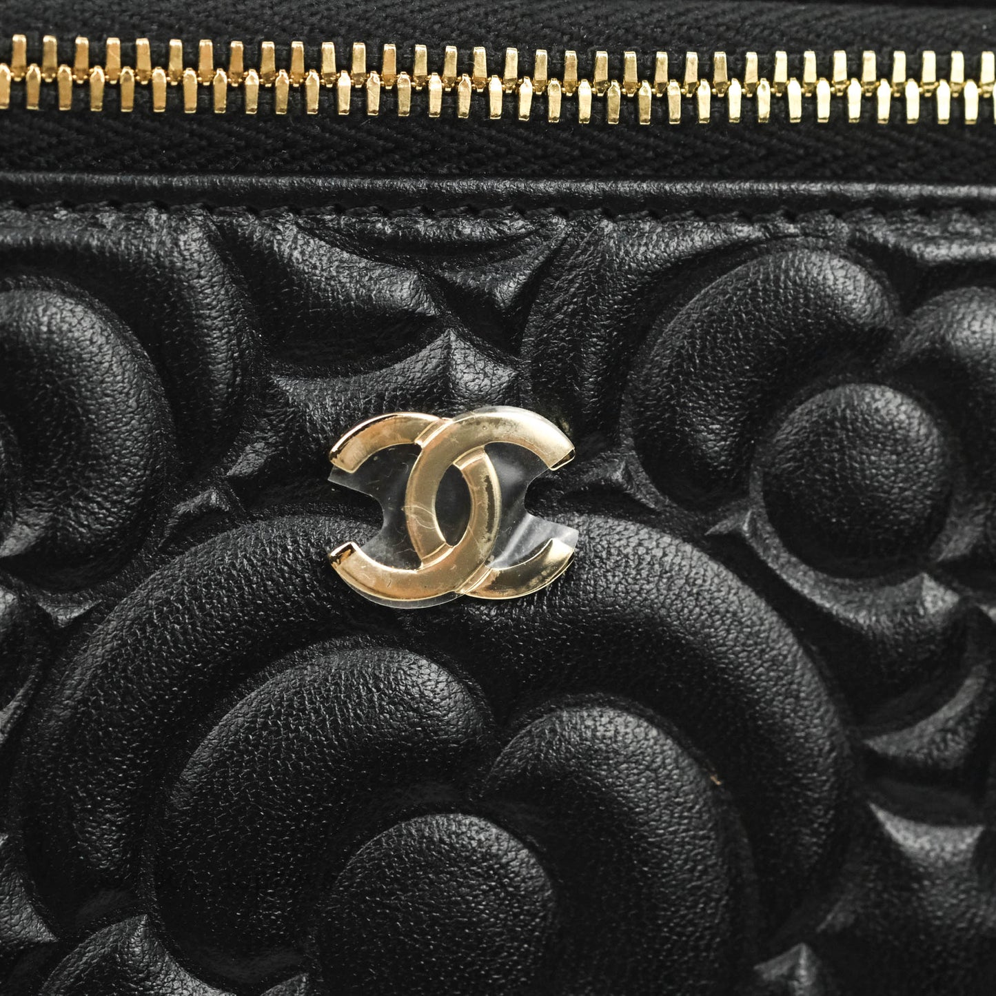Chanel Vanity Rectangular Camellia Embossed Black Lambskin Gold Hardware
