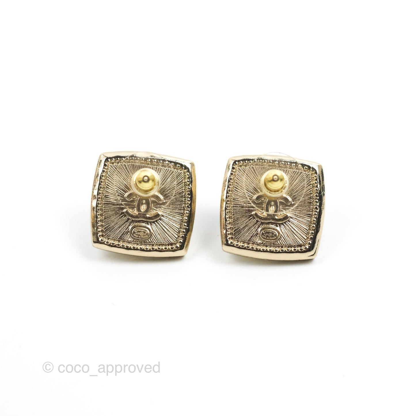 Chanel Square Resin Black Crystal CC Earrings Gold Tone 22C