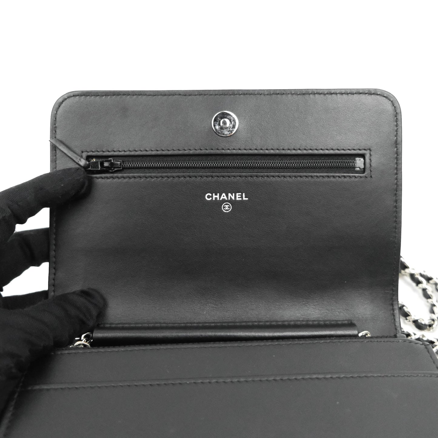 Chanel Camellia Wallet on Chain WOC Black Calfskin Silver Hardware