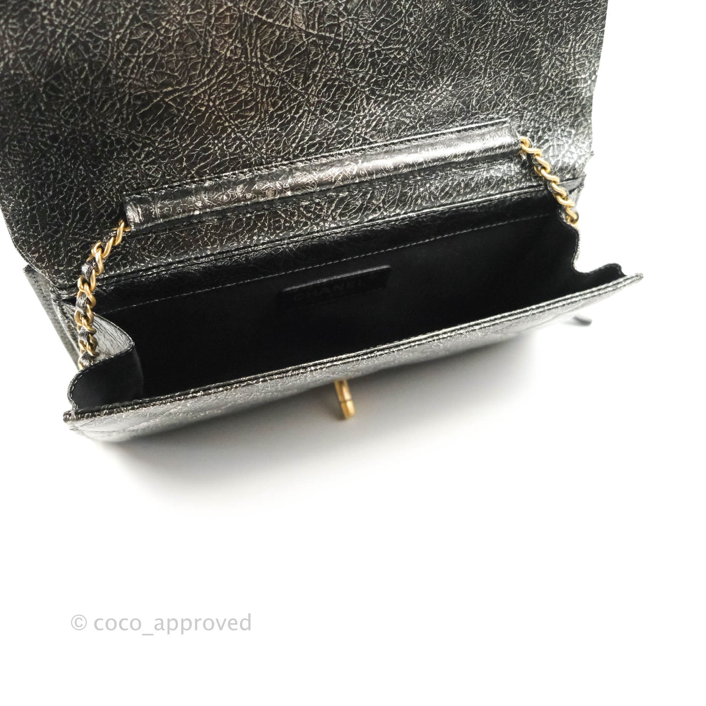 Chanel Cracked Metallic Calfskin Quilted Zip Away Chain Clutch Dark Silver Aged Gold Hardware