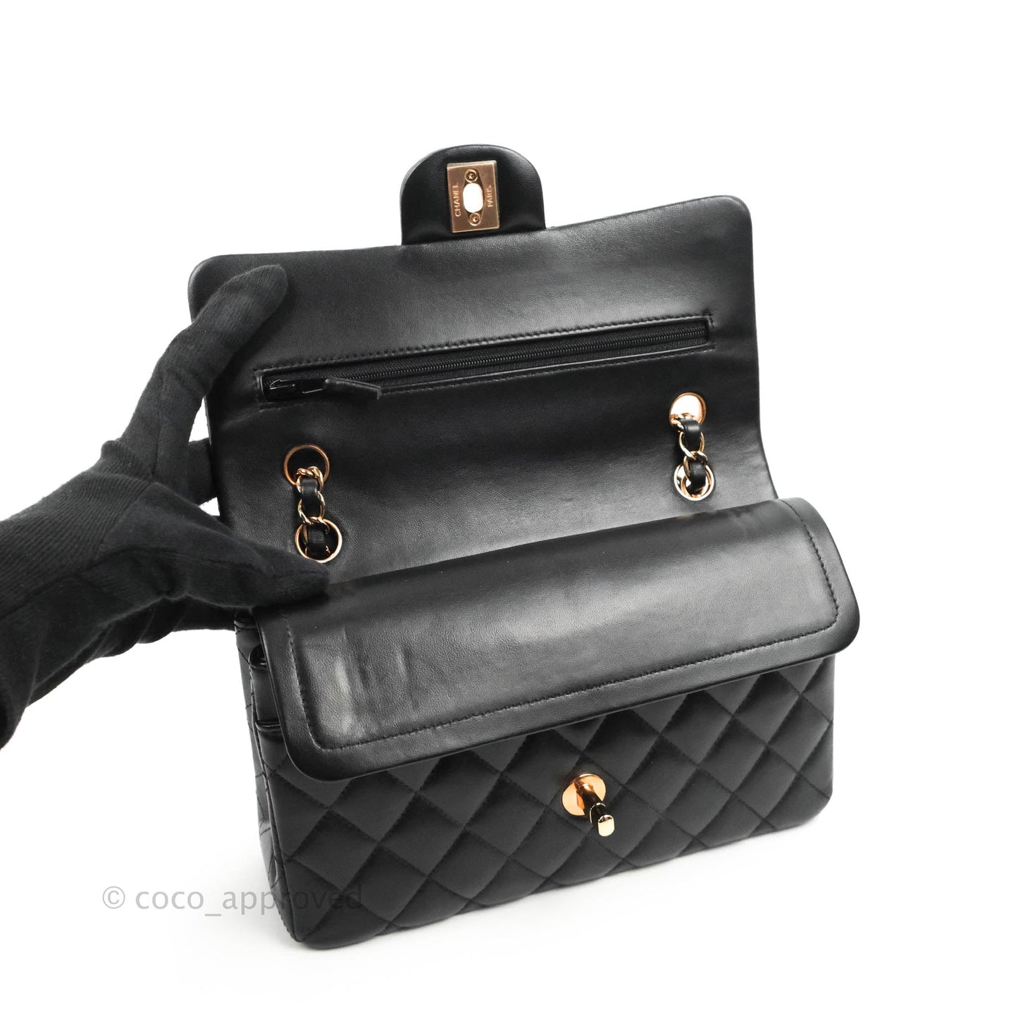 Chanel Small Classic Quilted Flap Black Lambskin Rose Gold Hardware