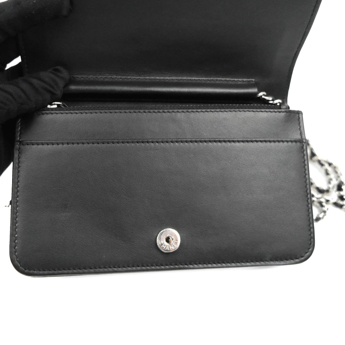 Chanel Camellia Wallet on Chain WOC Black Calfskin Silver Hardware