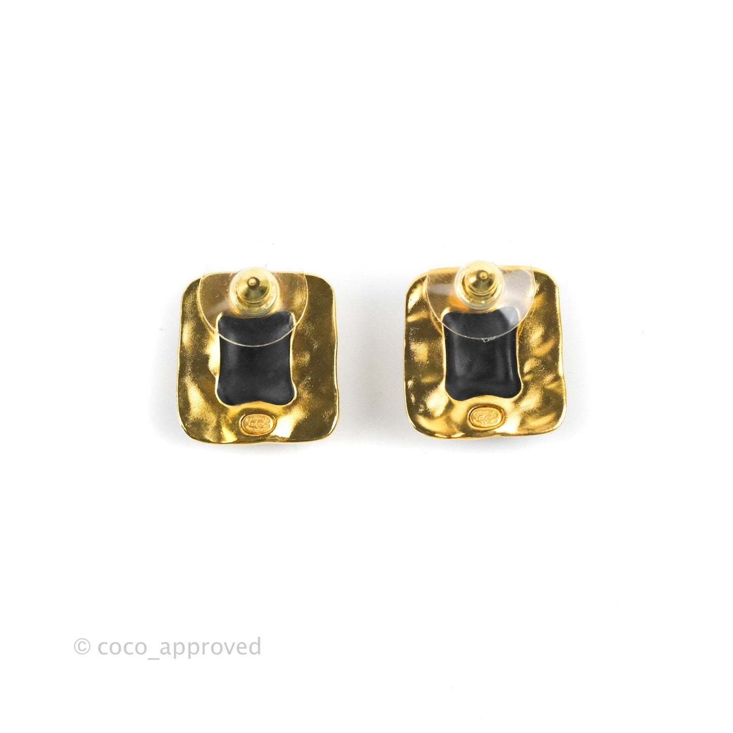 Chanel CC Square Metal Black Earrings Gold Tone 23C