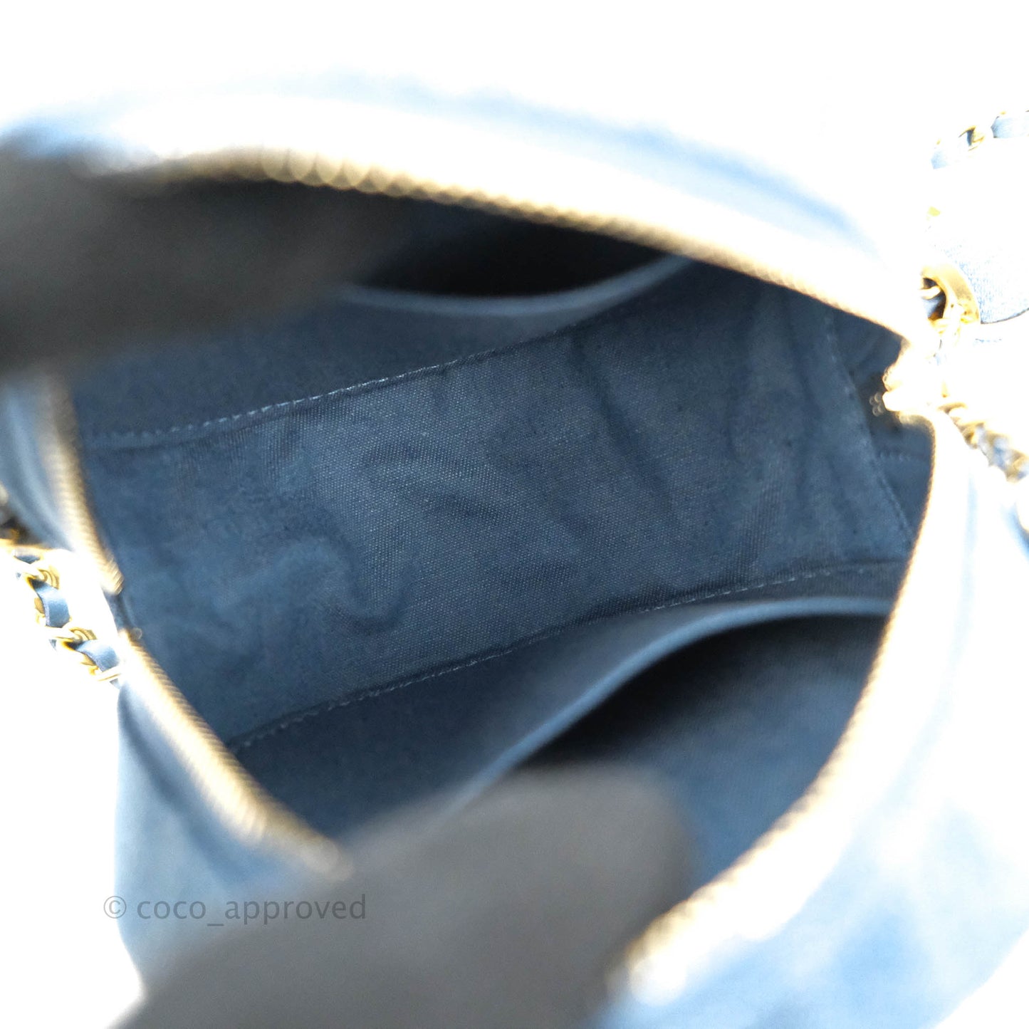 Chanel Quilted Pearl Crush Round Clutch With Chain Denim Aged Gold Hardware