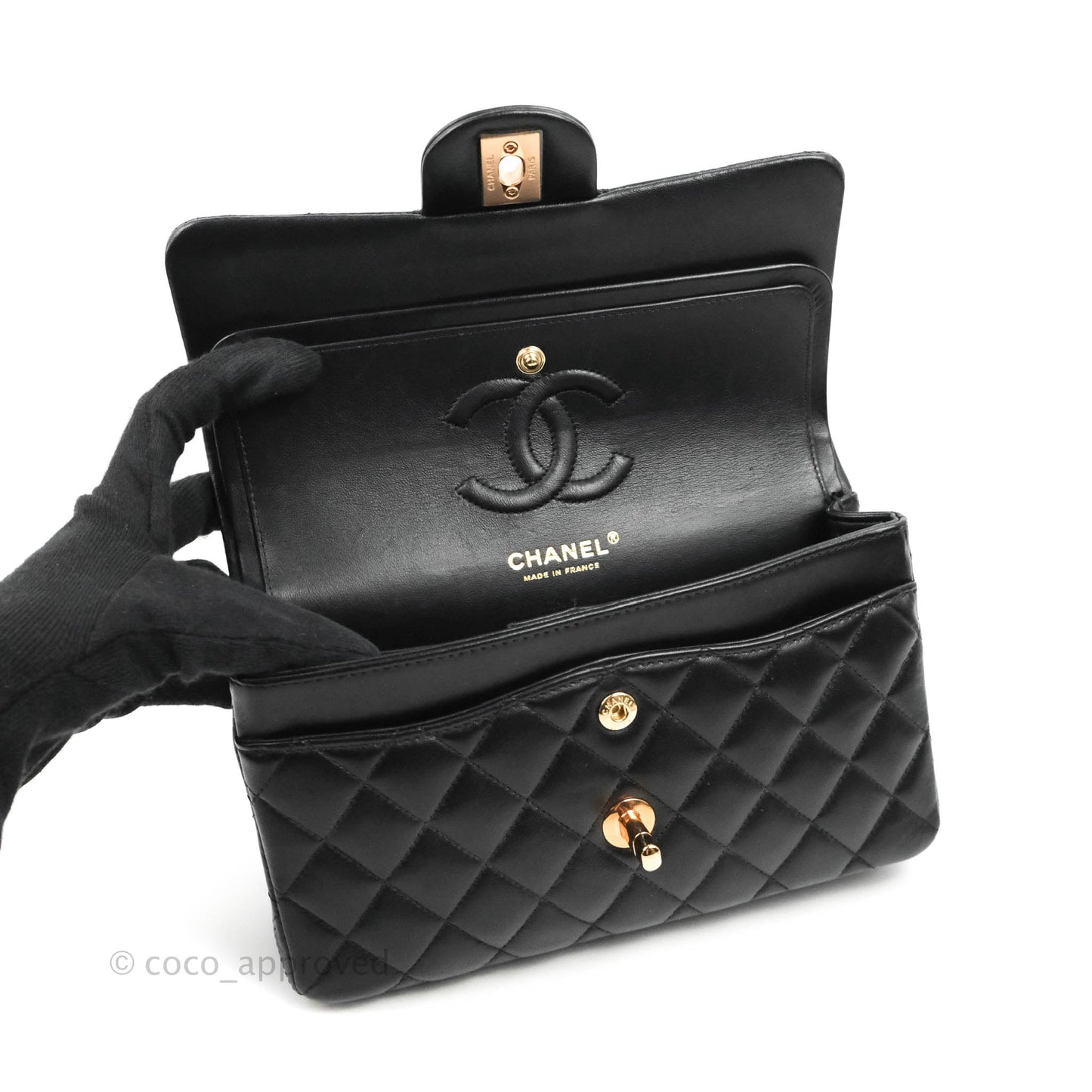 Chanel Small Classic Quilted Flap Black Lambskin Rose Gold Hardware