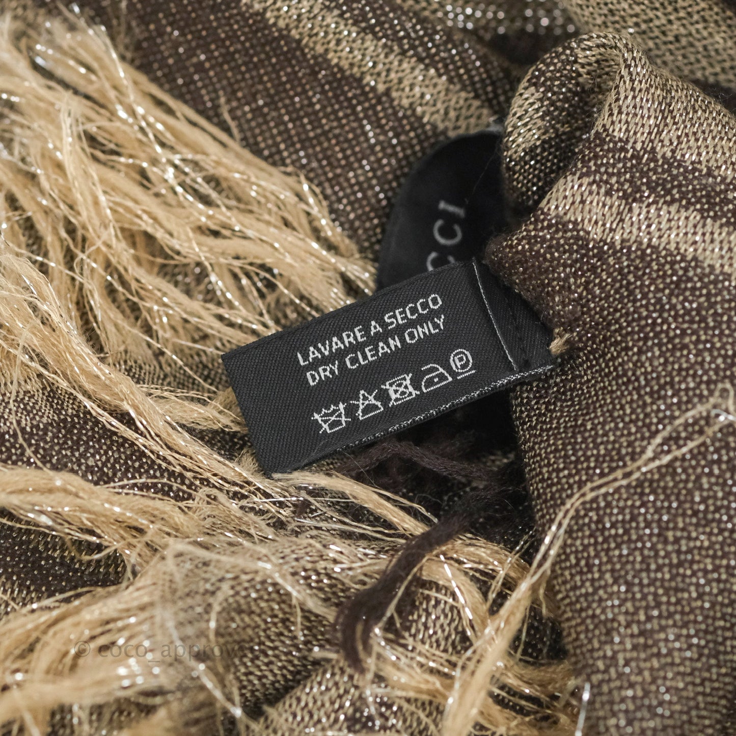 Gucci Wool Silk Monogram Fringe Scarf Brown