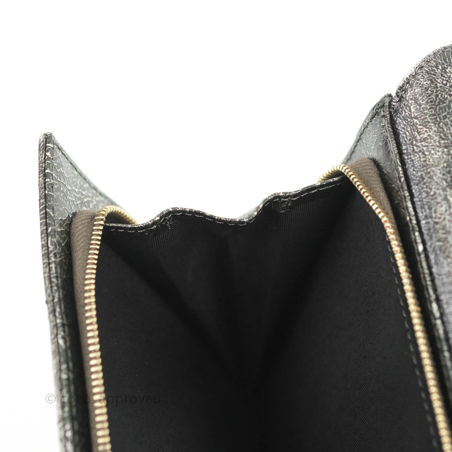 Chanel Cracked Metallic Calfskin Quilted Zip Away Chain Clutch Dark Silver Aged Gold Hardware
