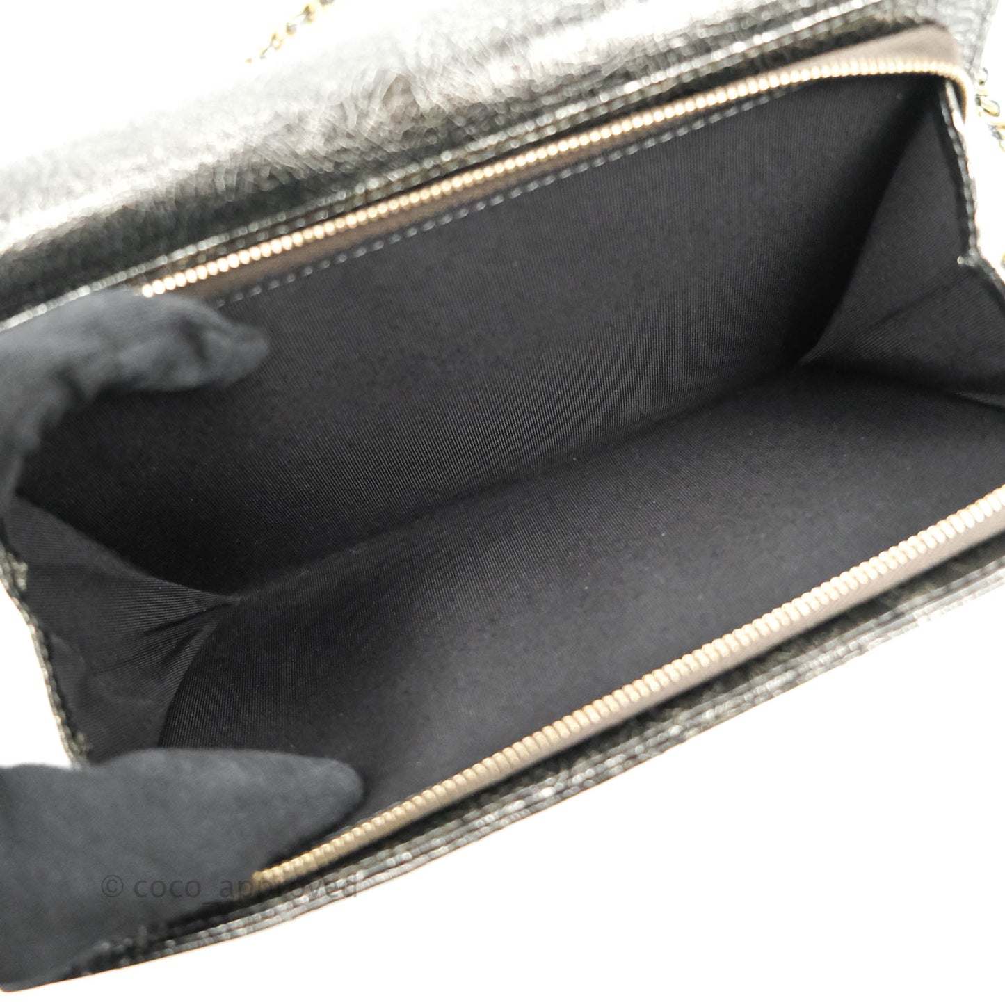 Chanel Cracked Metallic Calfskin Quilted Zip Away Chain Clutch Dark Silver Aged Gold Hardware