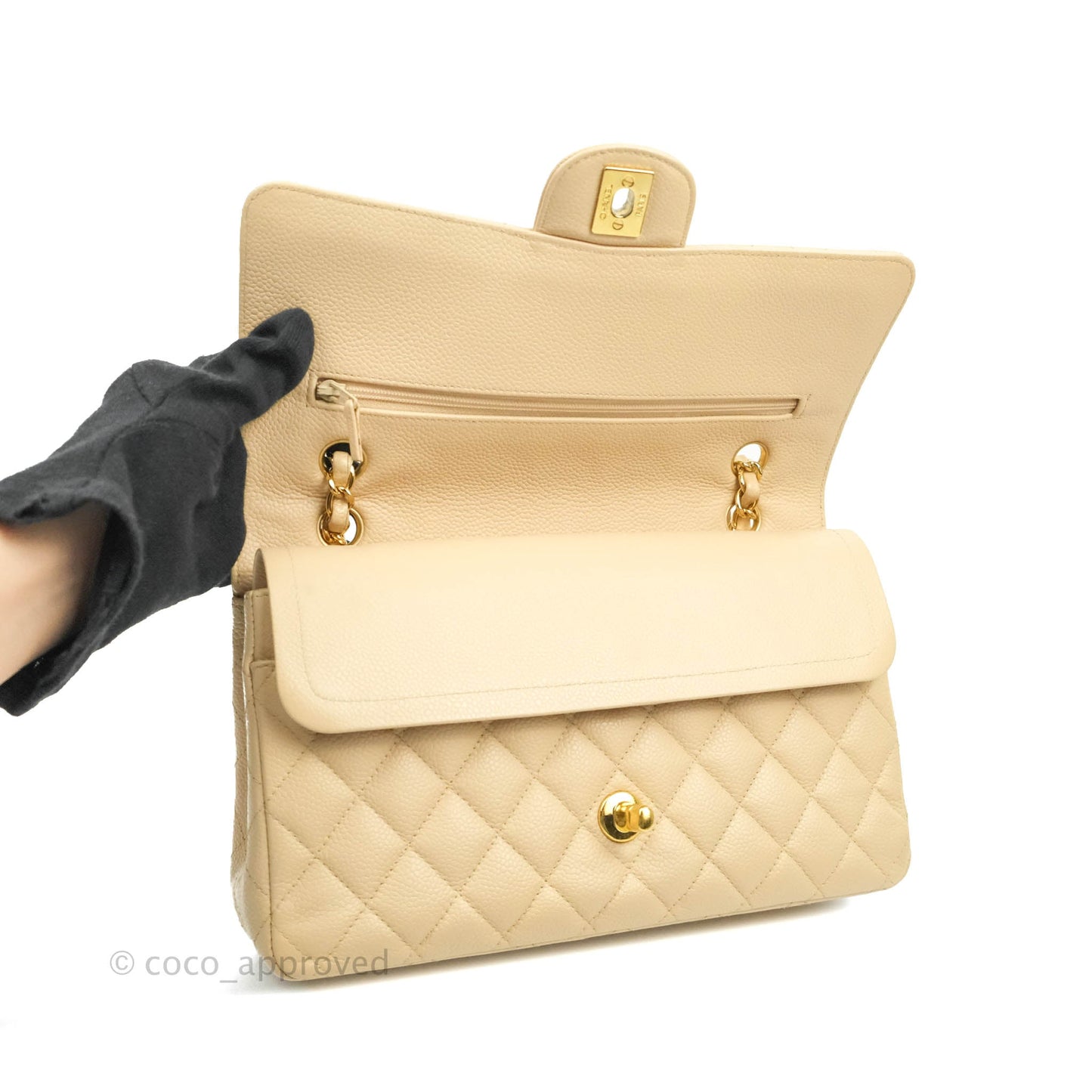 Chanel Classic M/L Medium Double Flap Bag Beige Caviar Gold Hardware